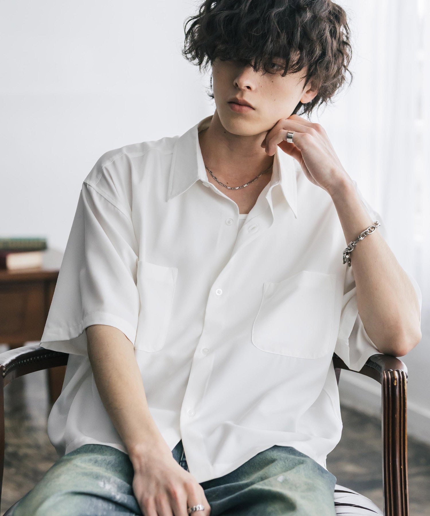 接触冷感 オーバーサイズとろみショート丈半袖シャツ/短丈ハーフスリーブシャツ 15366