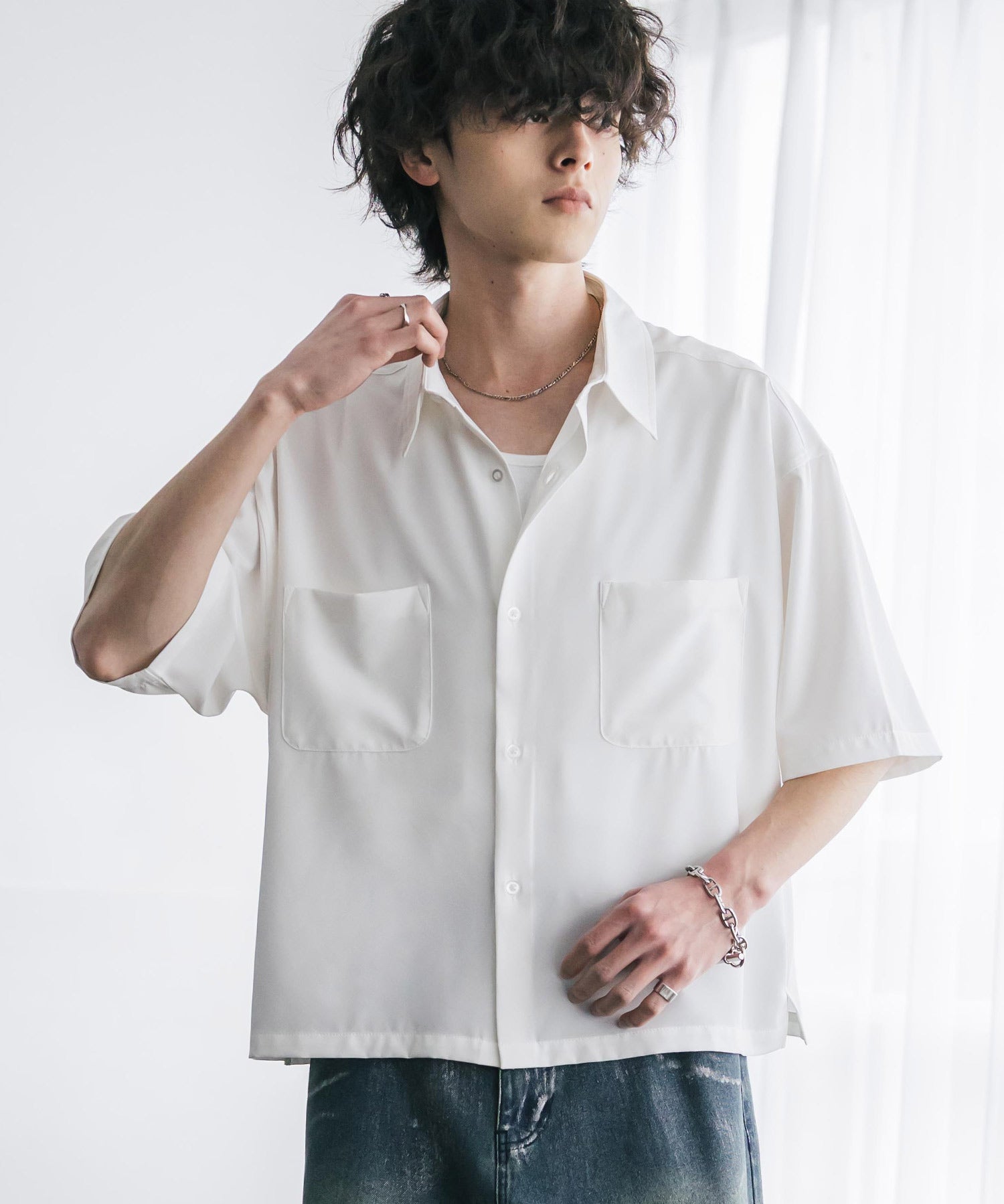 接触冷感 オーバーサイズとろみショート丈半袖シャツ/短丈ハーフスリーブシャツ 15366