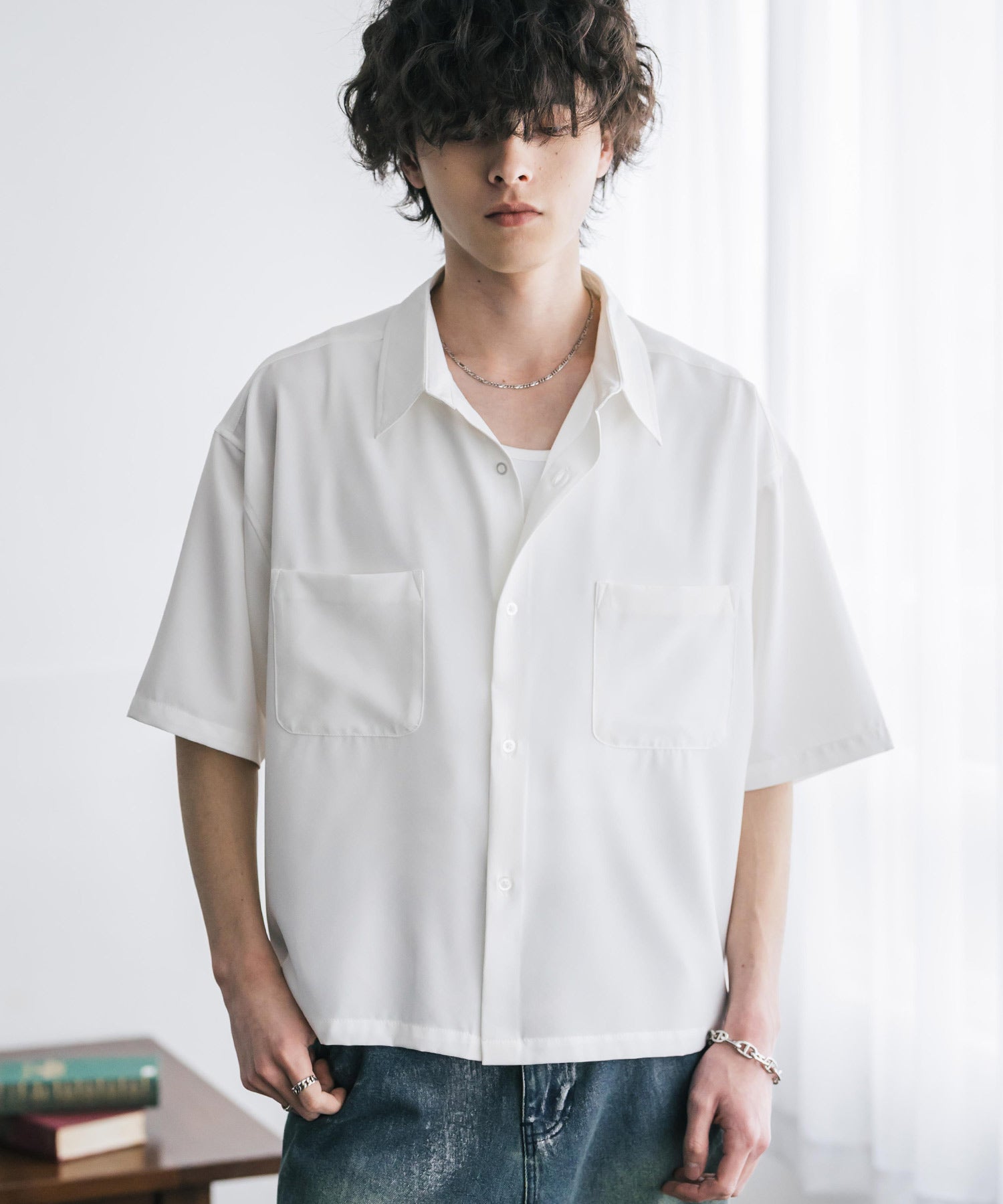 接触冷感 オーバーサイズとろみショート丈半袖シャツ/短丈ハーフスリーブシャツ 15366