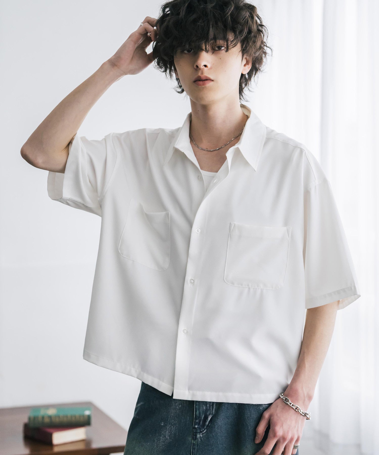接触冷感 オーバーサイズとろみショート丈半袖シャツ/短丈ハーフスリーブシャツ 15366