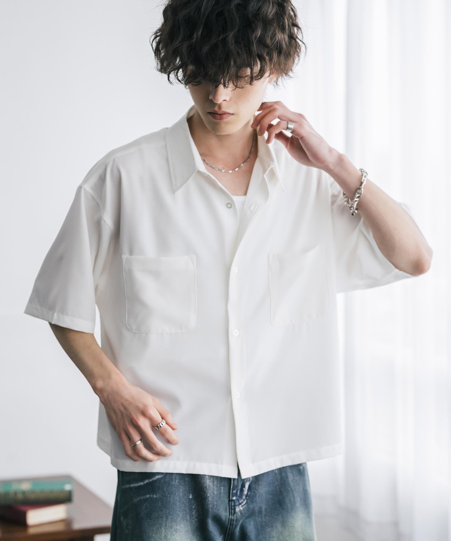 接触冷感 オーバーサイズとろみショート丈半袖シャツ/短丈ハーフスリーブシャツ 15366