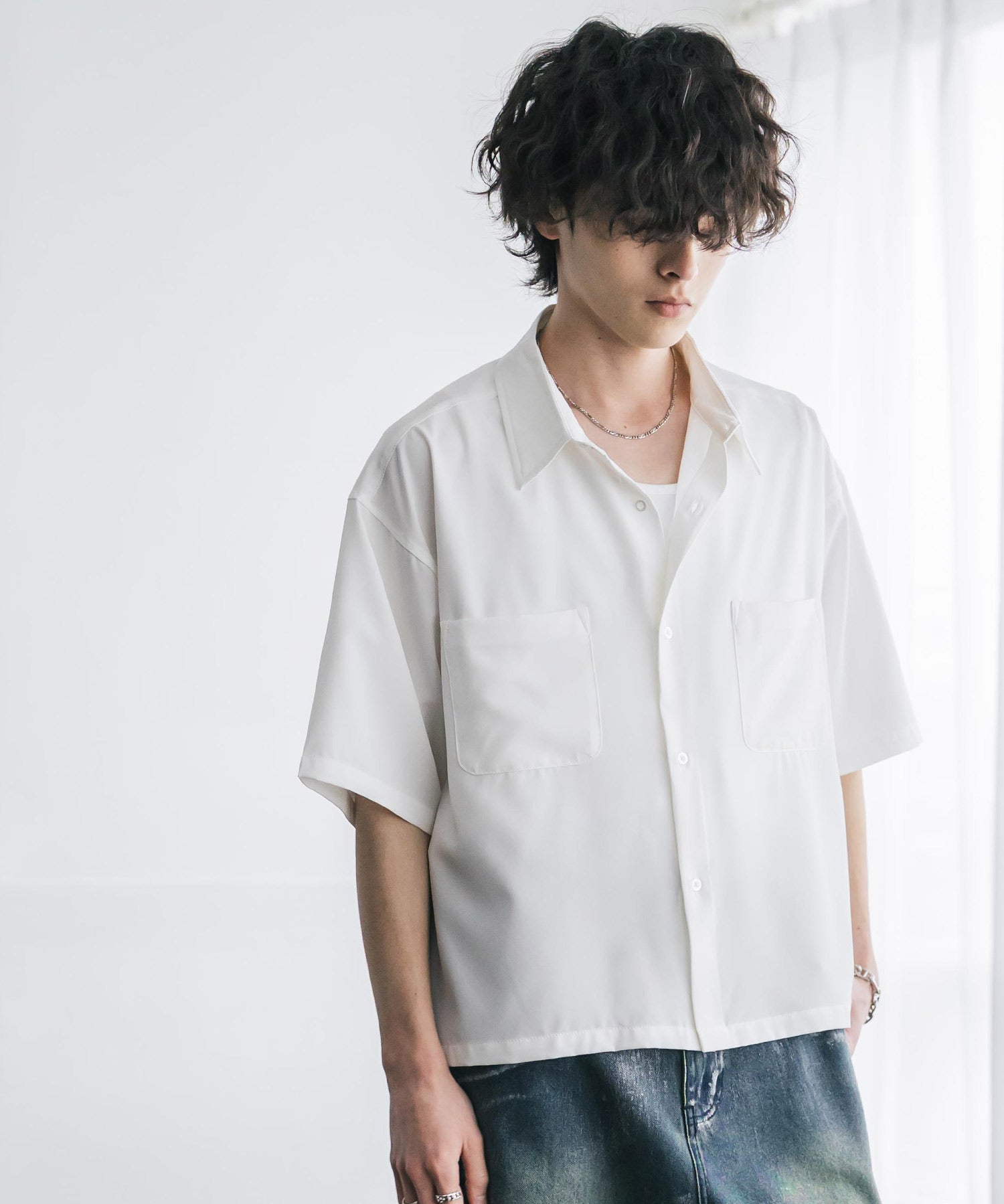 接触冷感 オーバーサイズとろみショート丈半袖シャツ/短丈ハーフスリーブシャツ 15366