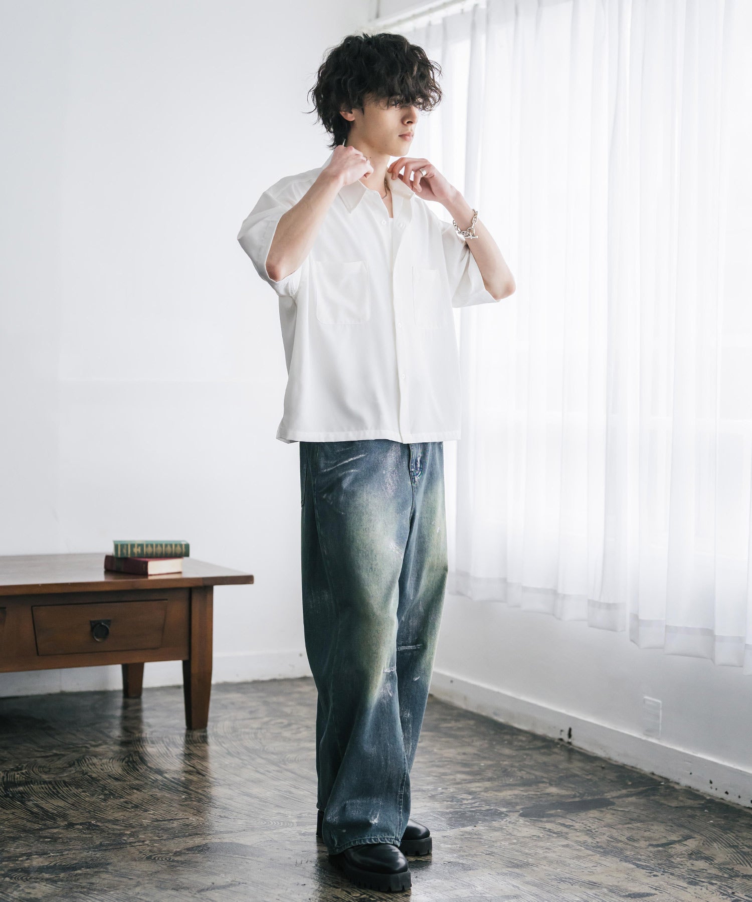 接触冷感 オーバーサイズとろみショート丈半袖シャツ/短丈ハーフスリーブシャツ 15366