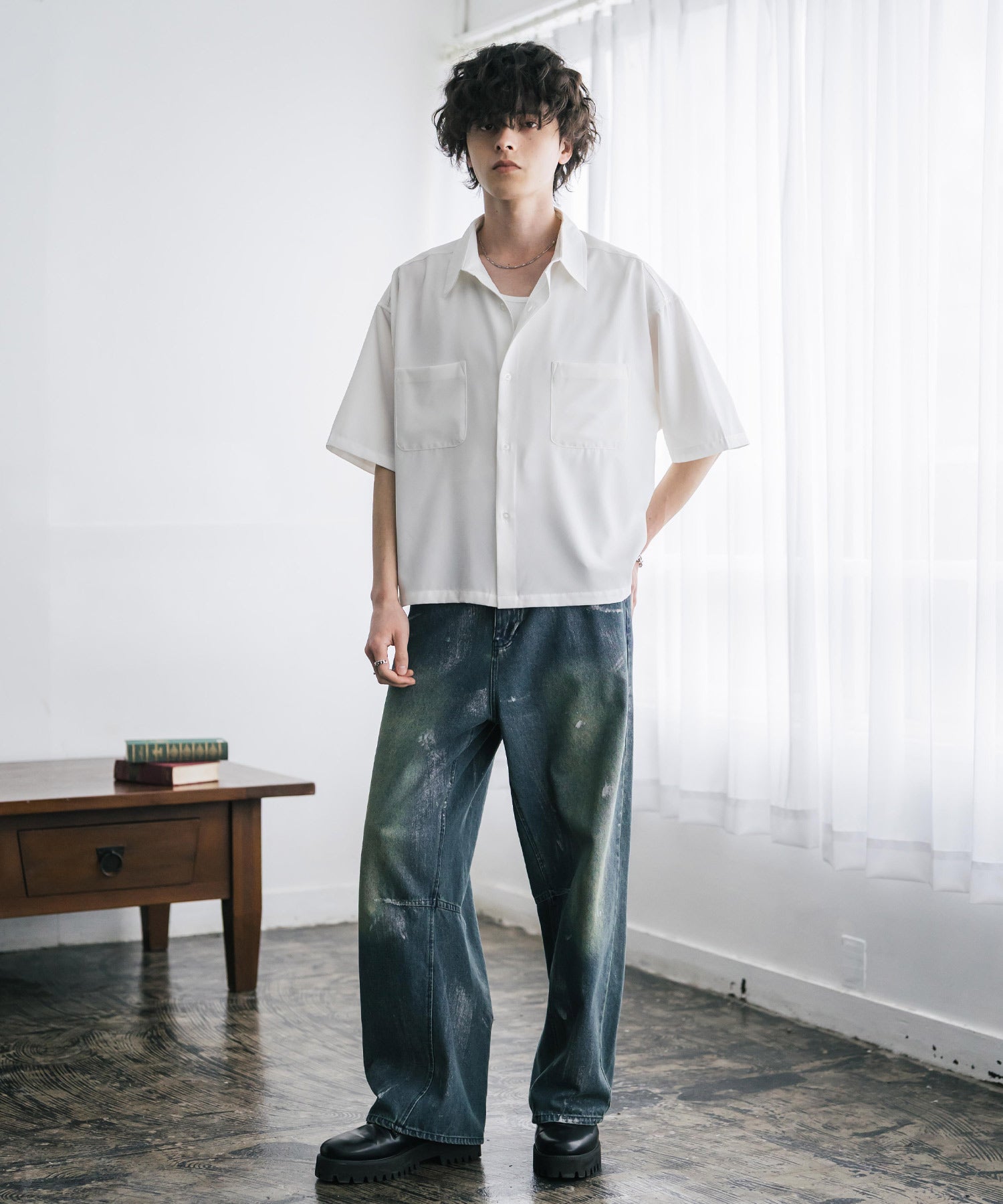 接触冷感 オーバーサイズとろみショート丈半袖シャツ/短丈ハーフスリーブシャツ 15366