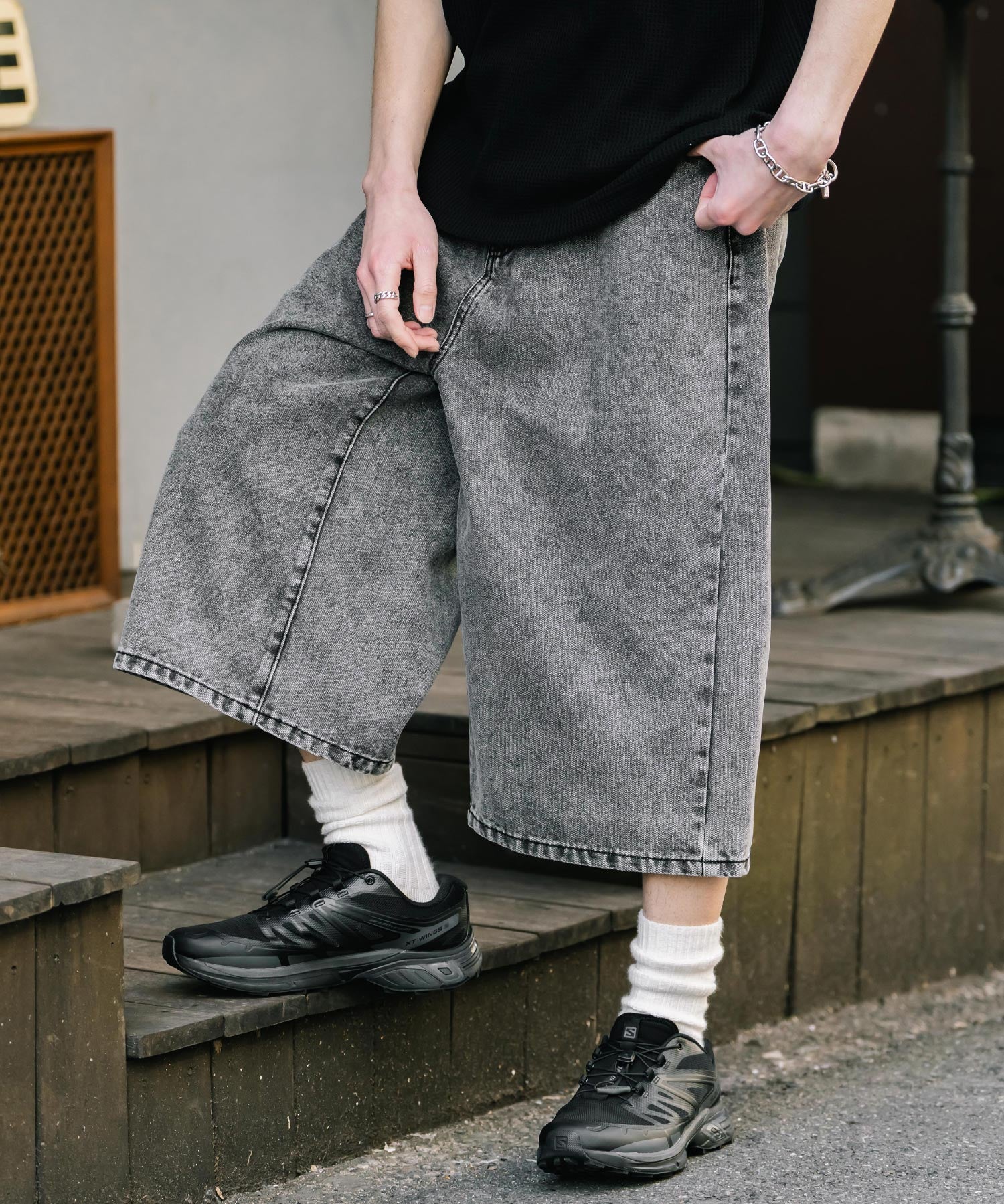 新色追加 ケミカルウォッシュ オーバーダイ ワイドデニムハーフショートパンツ 15374