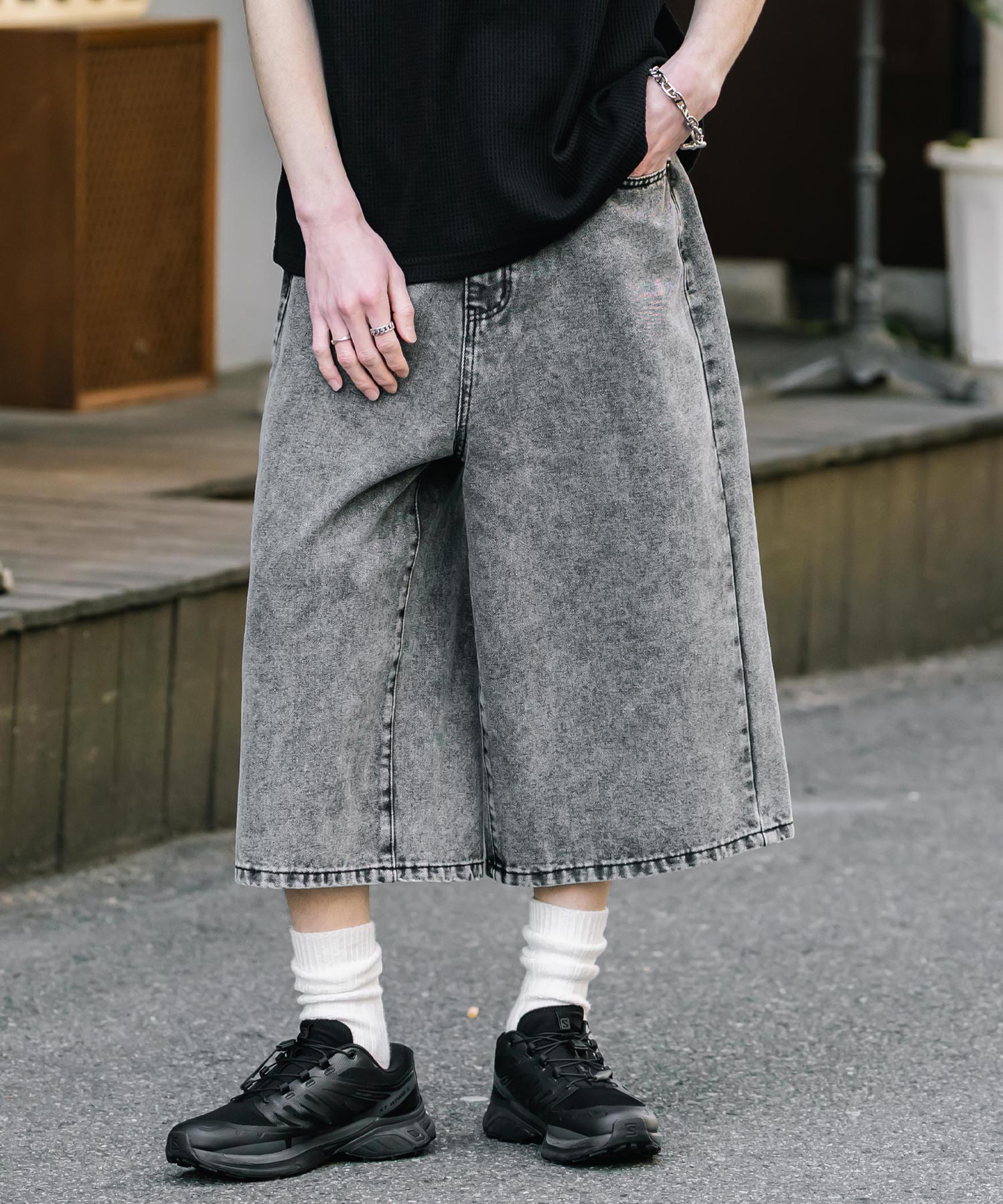 新色追加 ケミカルウォッシュ オーバーダイ ワイドデニムハーフショートパンツ 15374