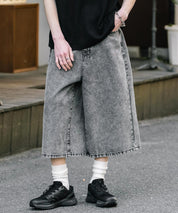 新色追加 ケミカルウォッシュ オーバーダイ ワイドデニムハーフショートパンツ 15374