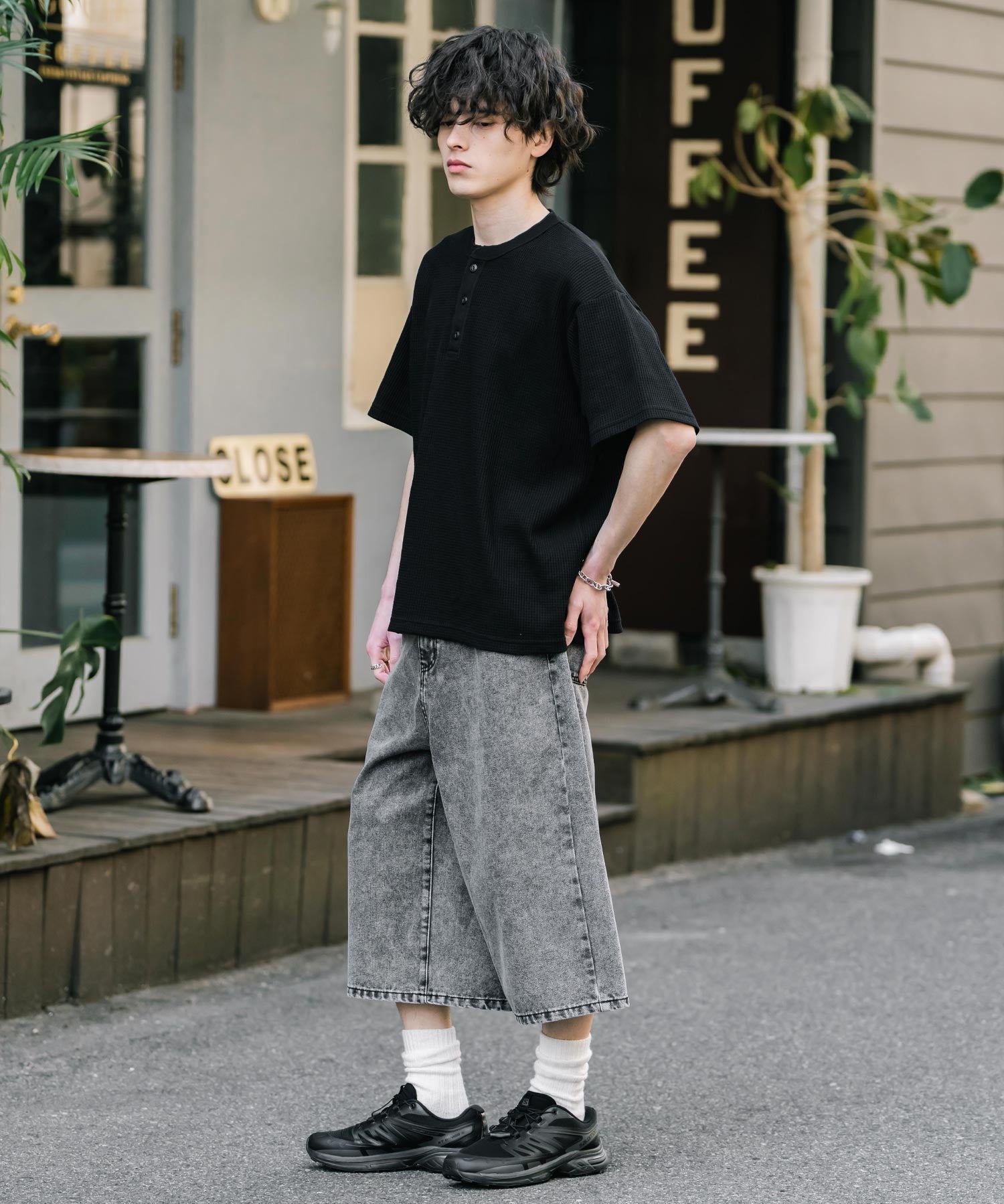 新色追加 ケミカルウォッシュ オーバーダイ ワイドデニムハーフショートパンツ 15374