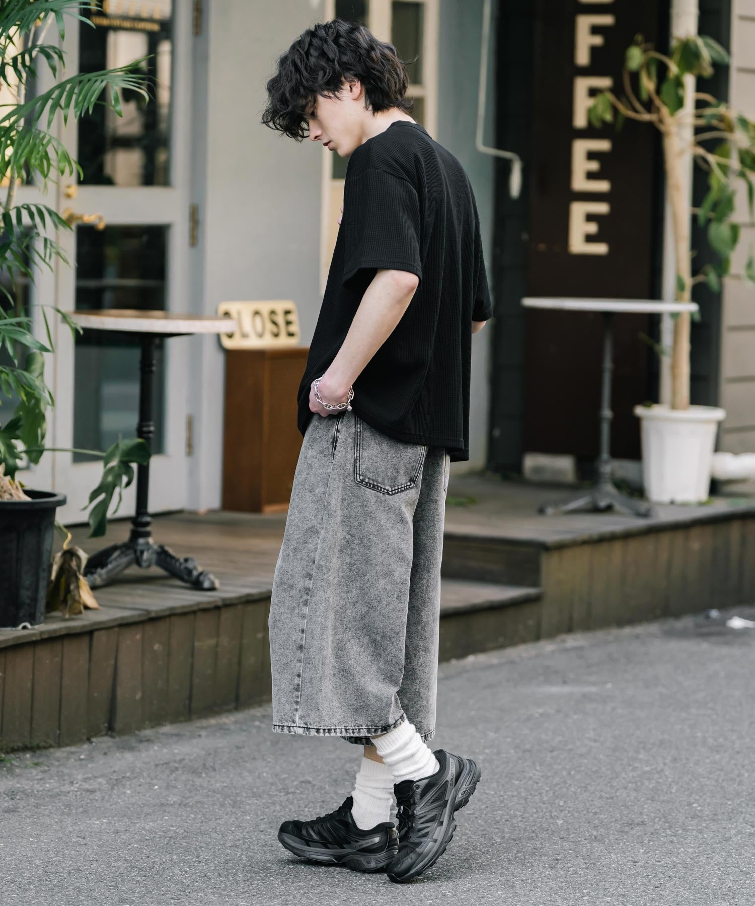 新色追加 ケミカルウォッシュ オーバーダイ ワイドデニムハーフショートパンツ 15374
