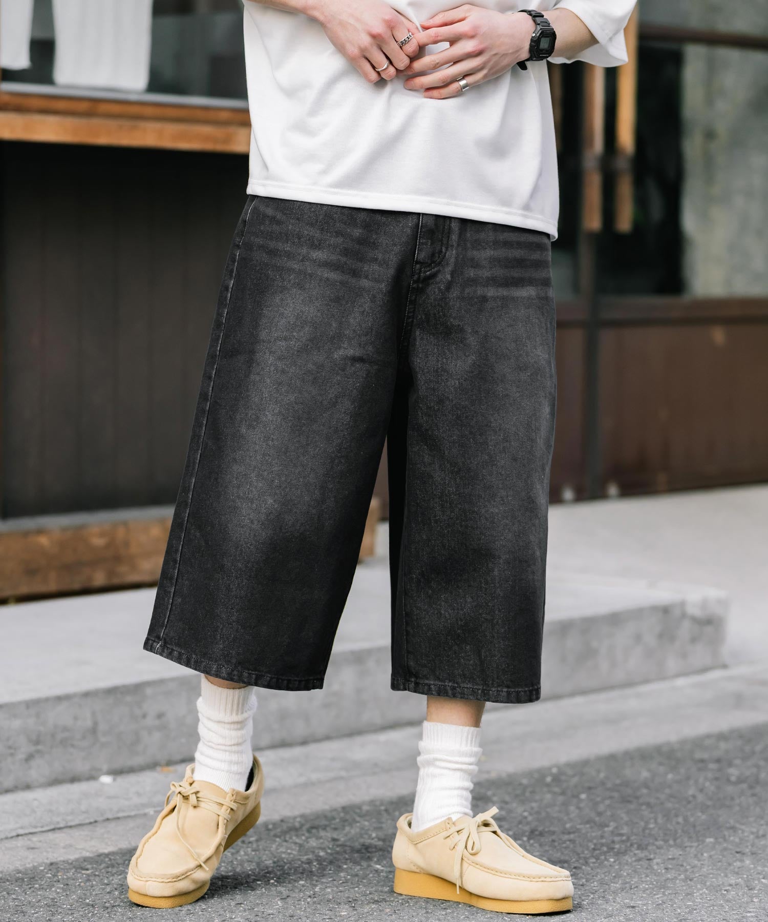 新色追加 ケミカルウォッシュ オーバーダイ ワイドデニムハーフショートパンツ 15374