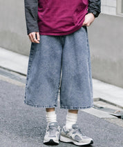 新色追加 ケミカルウォッシュ オーバーダイ ワイドデニムハーフショートパンツ 15374