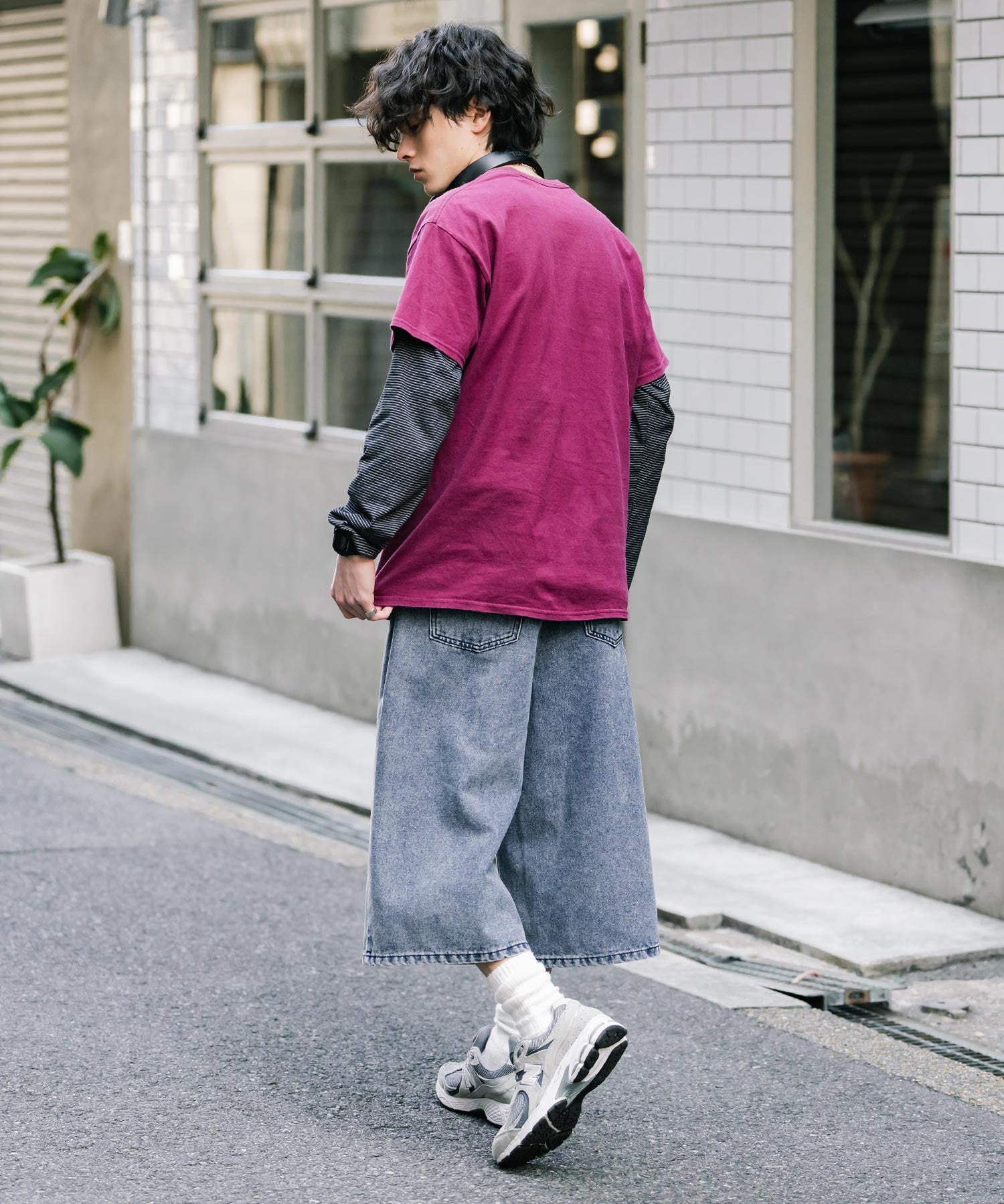 新色追加 ケミカルウォッシュ オーバーダイ ワイドデニムハーフショートパンツ 15374