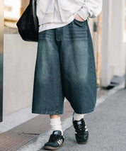 新色追加 ケミカルウォッシュ オーバーダイ ワイドデニムハーフショートパンツ 15374