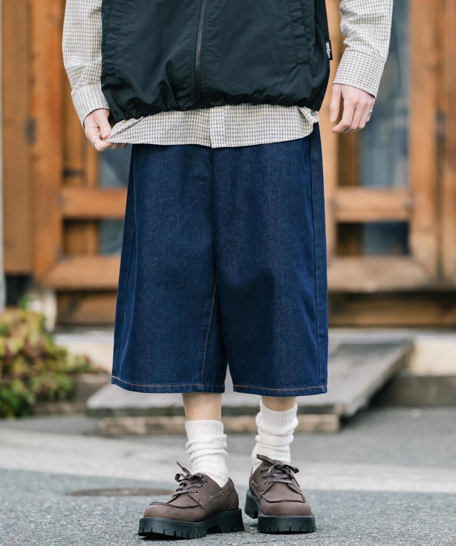 新色追加 ケミカルウォッシュ オーバーダイ ワイドデニムハーフショートパンツ 15374