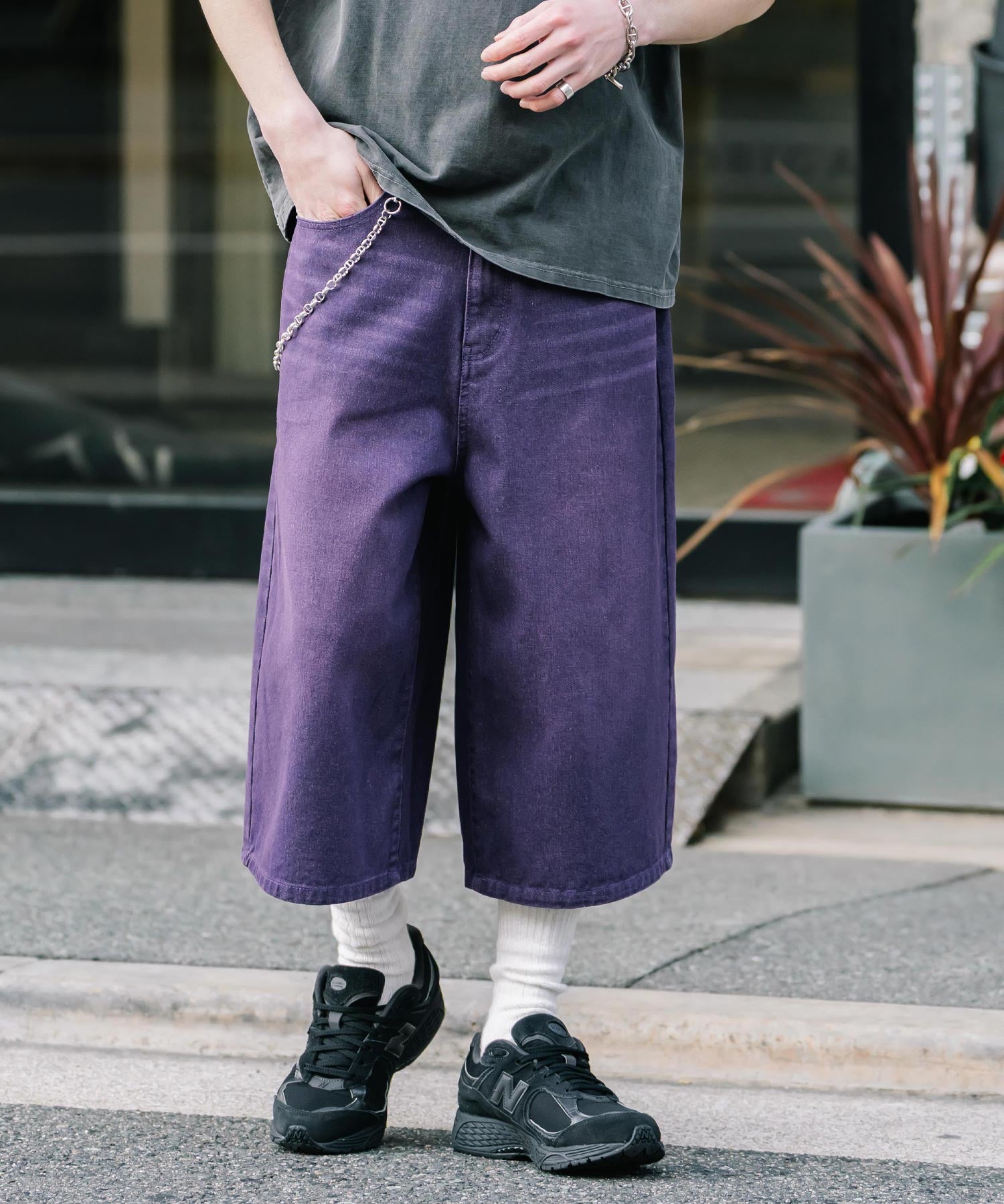 新色追加 ケミカルウォッシュ オーバーダイ ワイドデニムハーフショートパンツ 15374