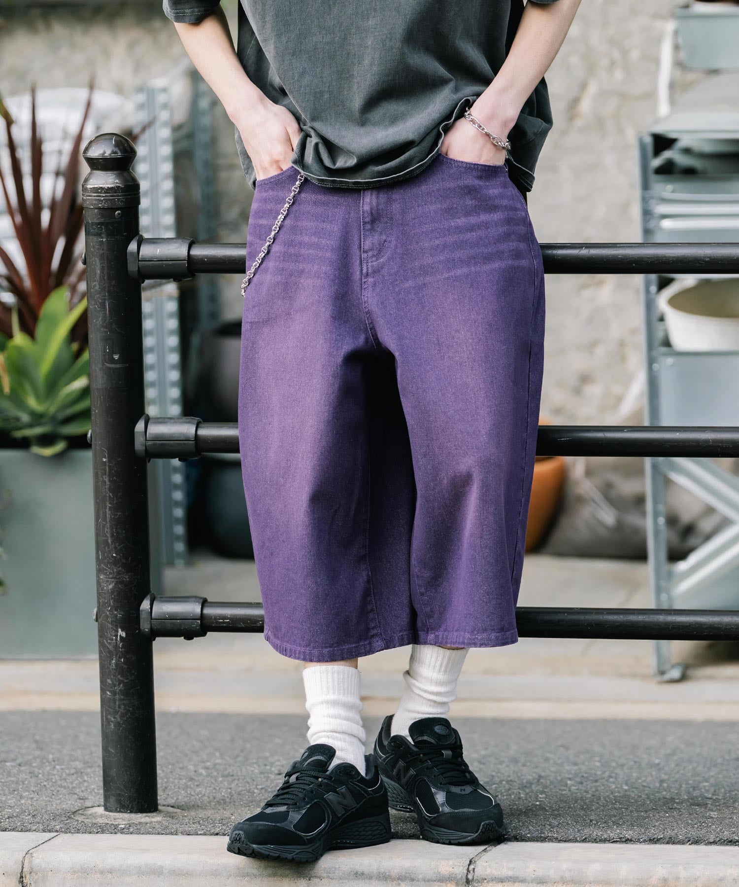 新色追加 ケミカルウォッシュ オーバーダイ ワイドデニムハーフショートパンツ 15374