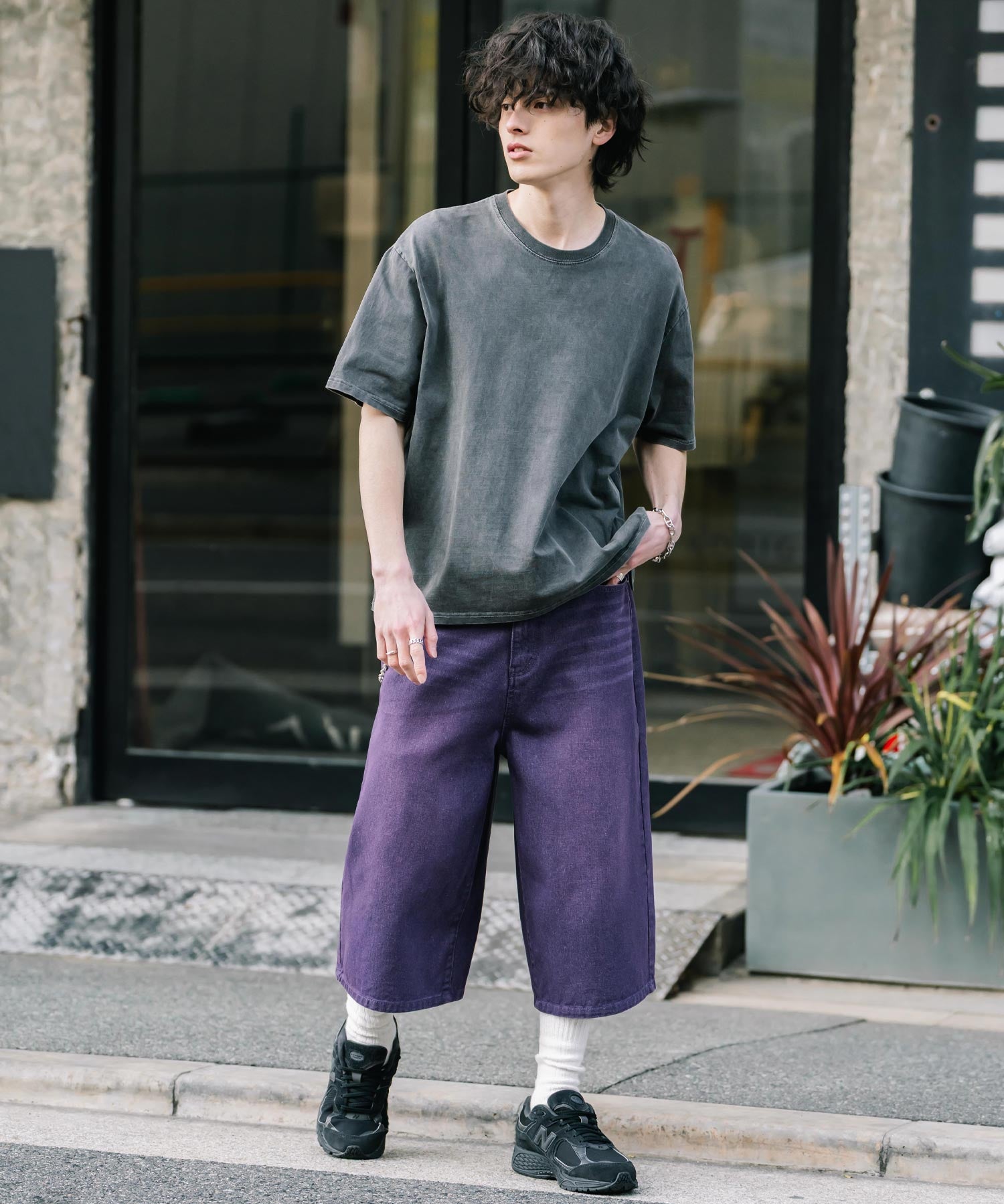 新色追加 ケミカルウォッシュ オーバーダイ ワイドデニムハーフショートパンツ 15374