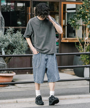 ケミカルウォッシュ オーバーダイ ワイドデニムハーフショートパンツ 15375