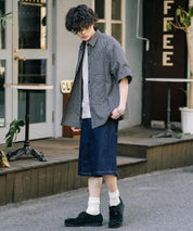 ケミカルウォッシュ オーバーダイ ワイドデニムハーフショートパンツ 15375
