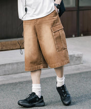 新色追加 ケミカルウォッシュ オーバーダイ ワイドデニムカーゴハーフショートパンツ 15382