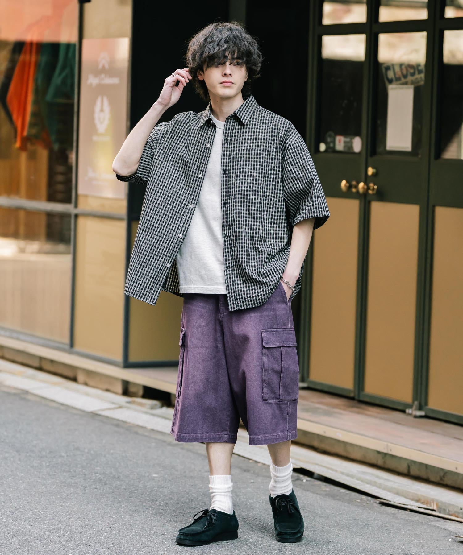 新色追加 ケミカルウォッシュ オーバーダイ ワイドデニムカーゴハーフショートパンツ 15382