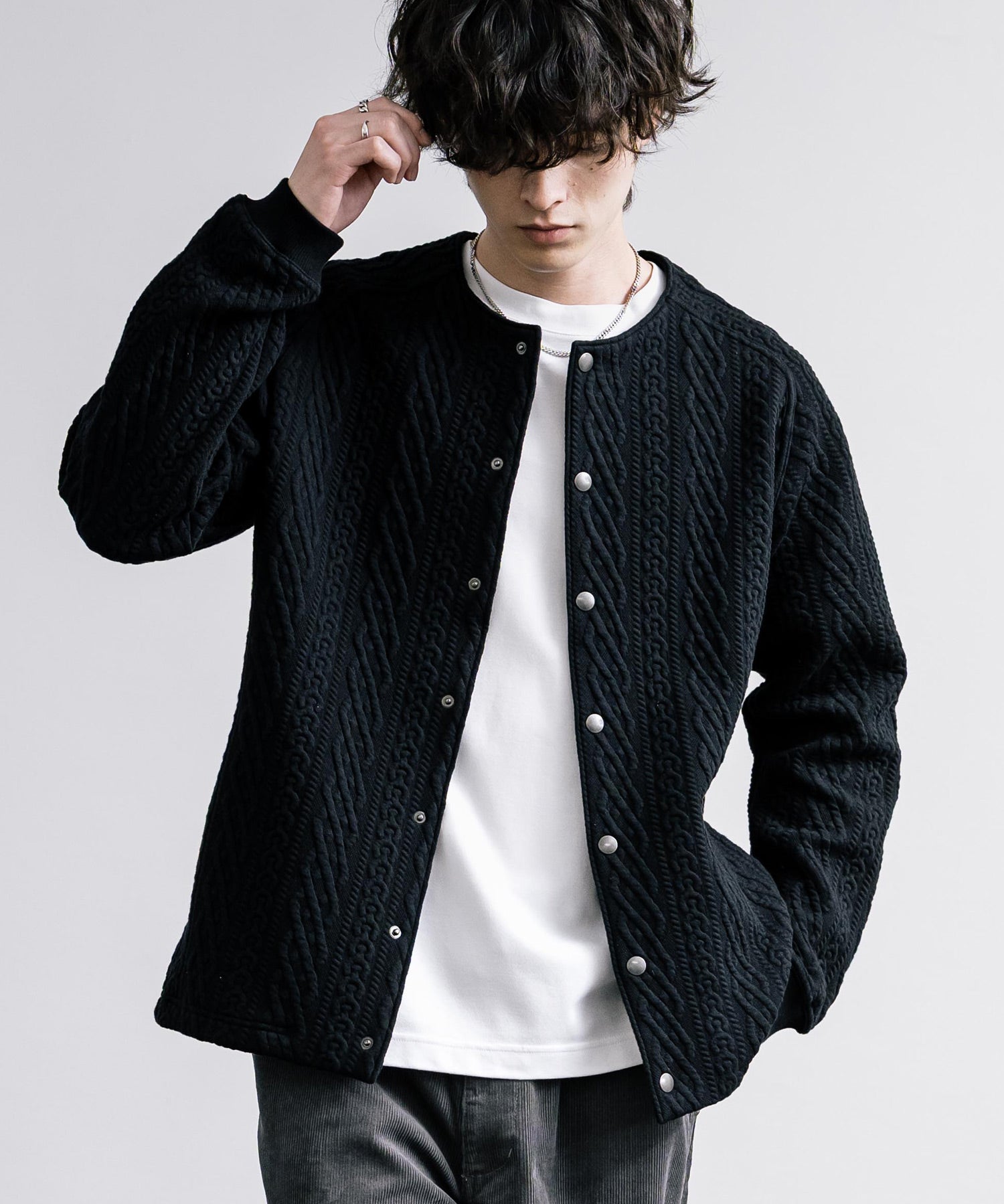 Upscape Audience アップスケープオーディエンス 日本製 国産 尾州 コットンキルトノーカラースナップジャケット AUD7330 15388