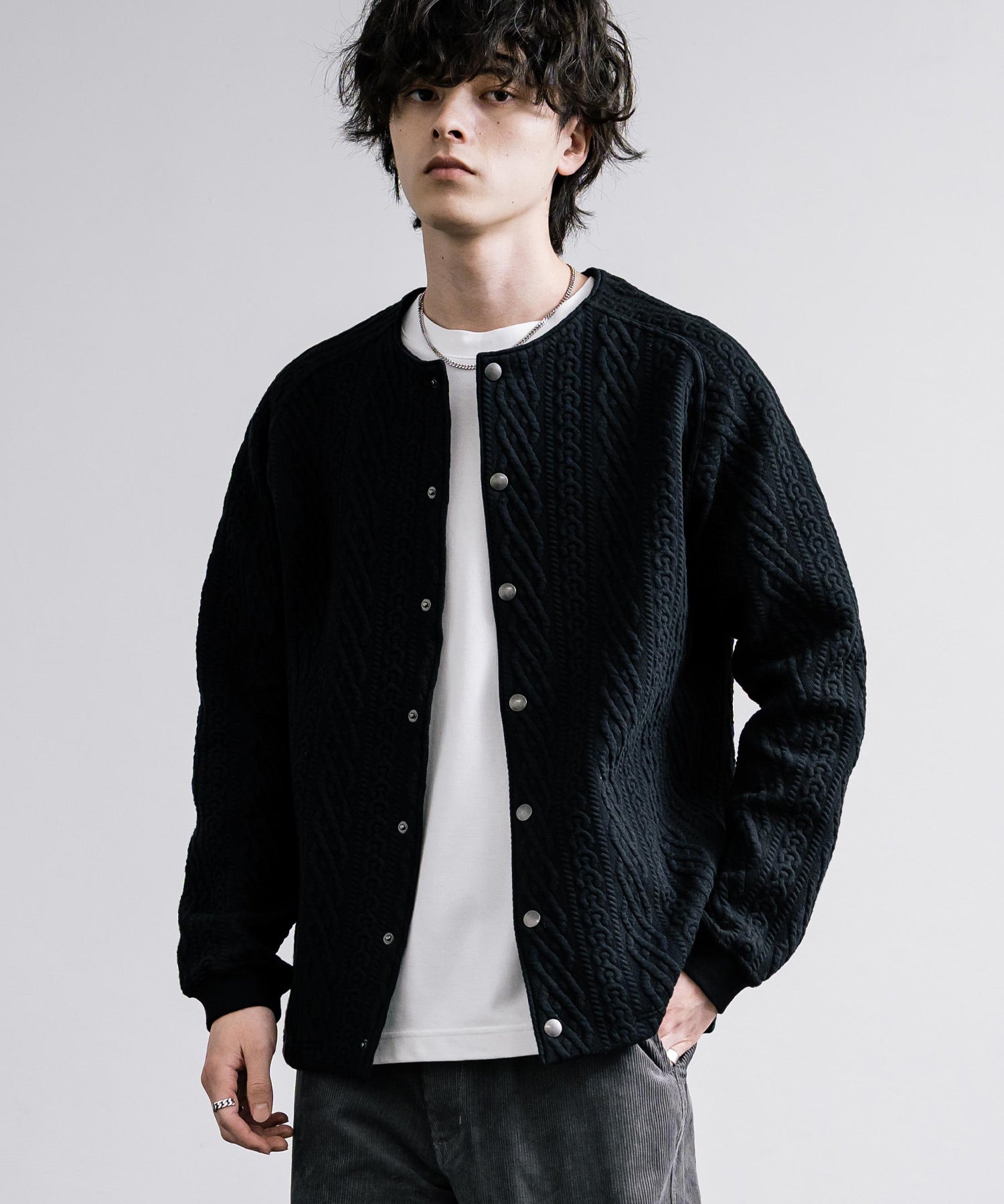 Upscape Audience アップスケープオーディエンス 日本製 国産 尾州 コットンキルトノーカラースナップジャケット AUD7330 15388