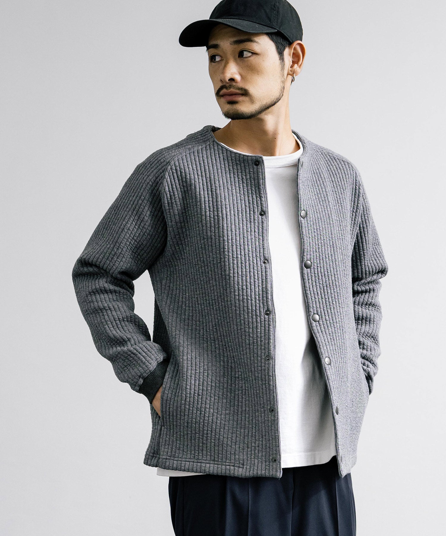 Upscape Audience アップスケープオーディエンス 日本製 国産 尾州 コットンキルトノーカラースナップジャケット AUD7330 15388