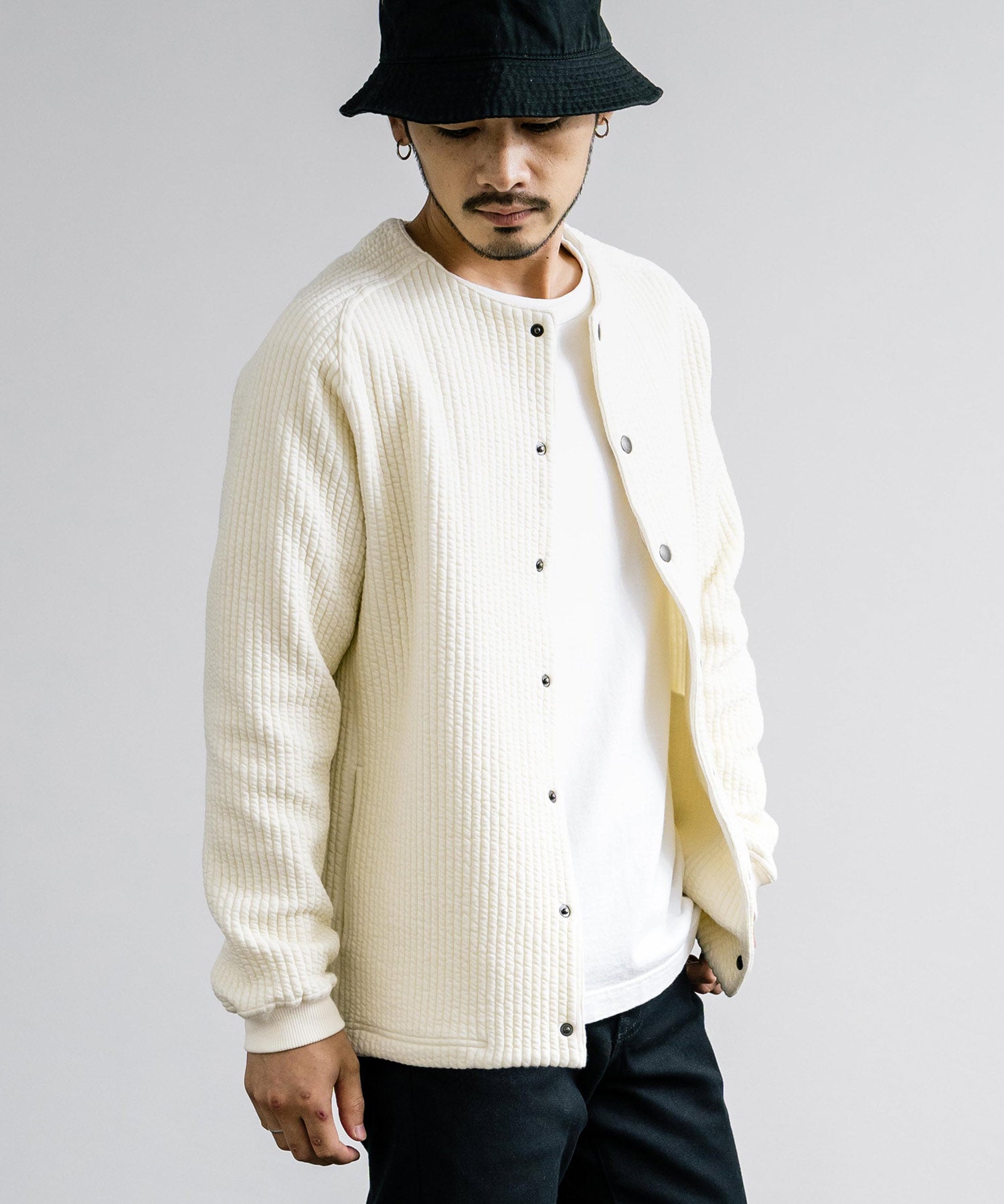 Upscape Audience アップスケープオーディエンス 日本製 国産 尾州 コットンキルトノーカラースナップジャケット AUD7330 15388