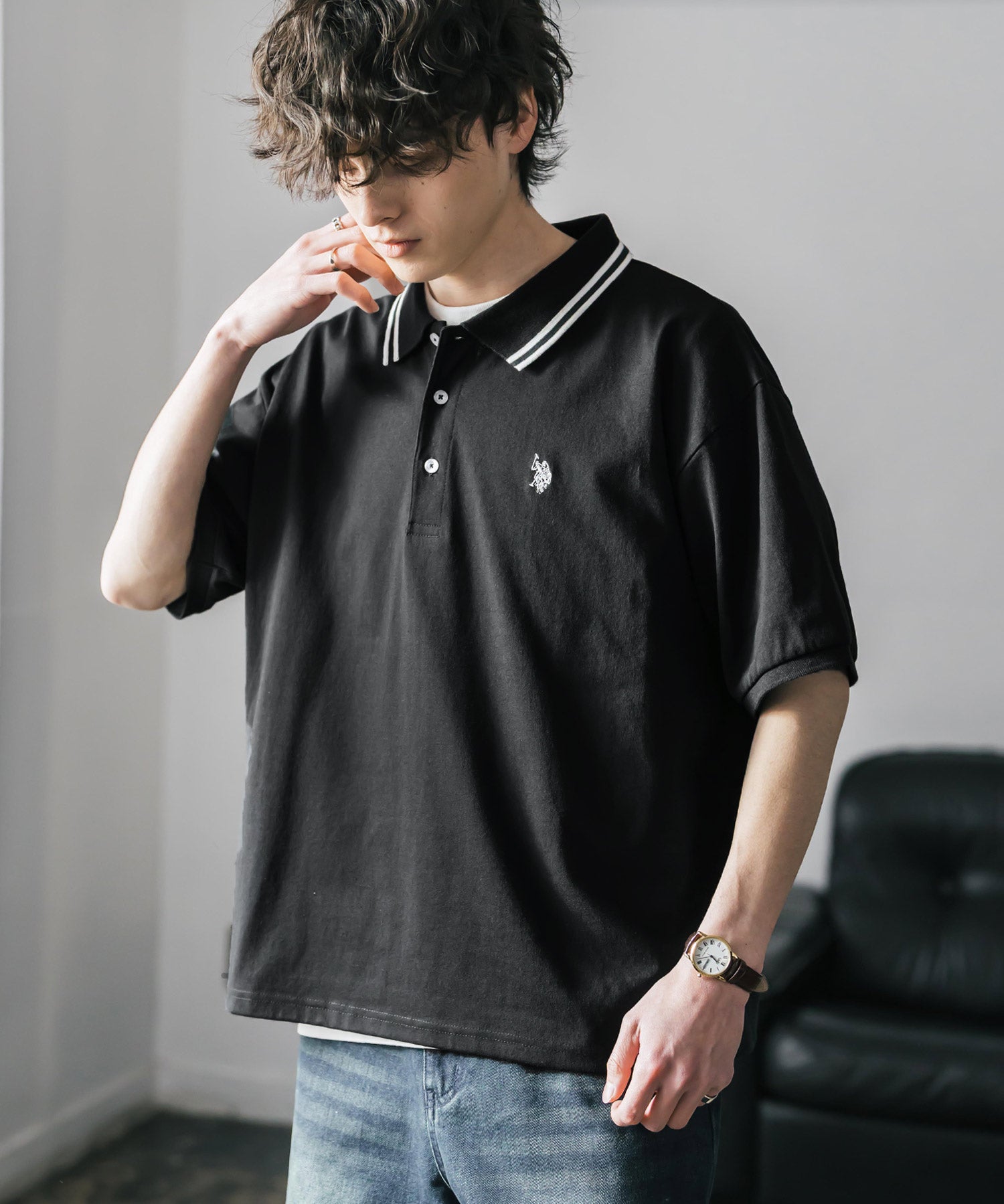 新色追加 U.S. POLO ASSN. 別注コラボ オーバーサイズワンポイントロゴ刺繍天竺半袖ポロシャツ 無地/ラインリブ 15425