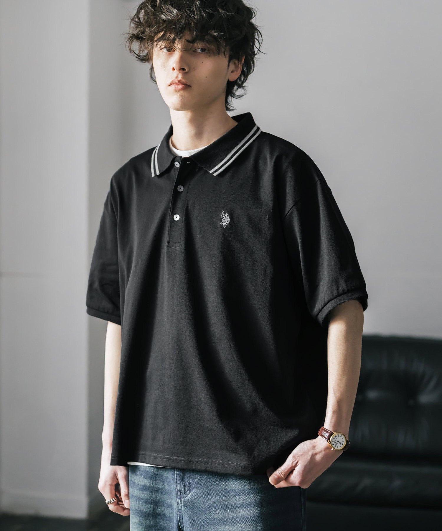 新色追加 U.S. POLO ASSN. 別注コラボ オーバーサイズワンポイントロゴ刺繍天竺半袖ポロシャツ 無地/ラインリブ 15425