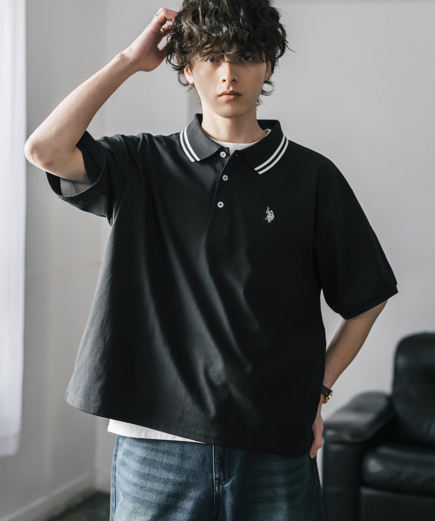 新色追加 U.S. POLO ASSN. 別注コラボ オーバーサイズワンポイントロゴ刺繍天竺半袖ポロシャツ 無地/ラインリブ 15425