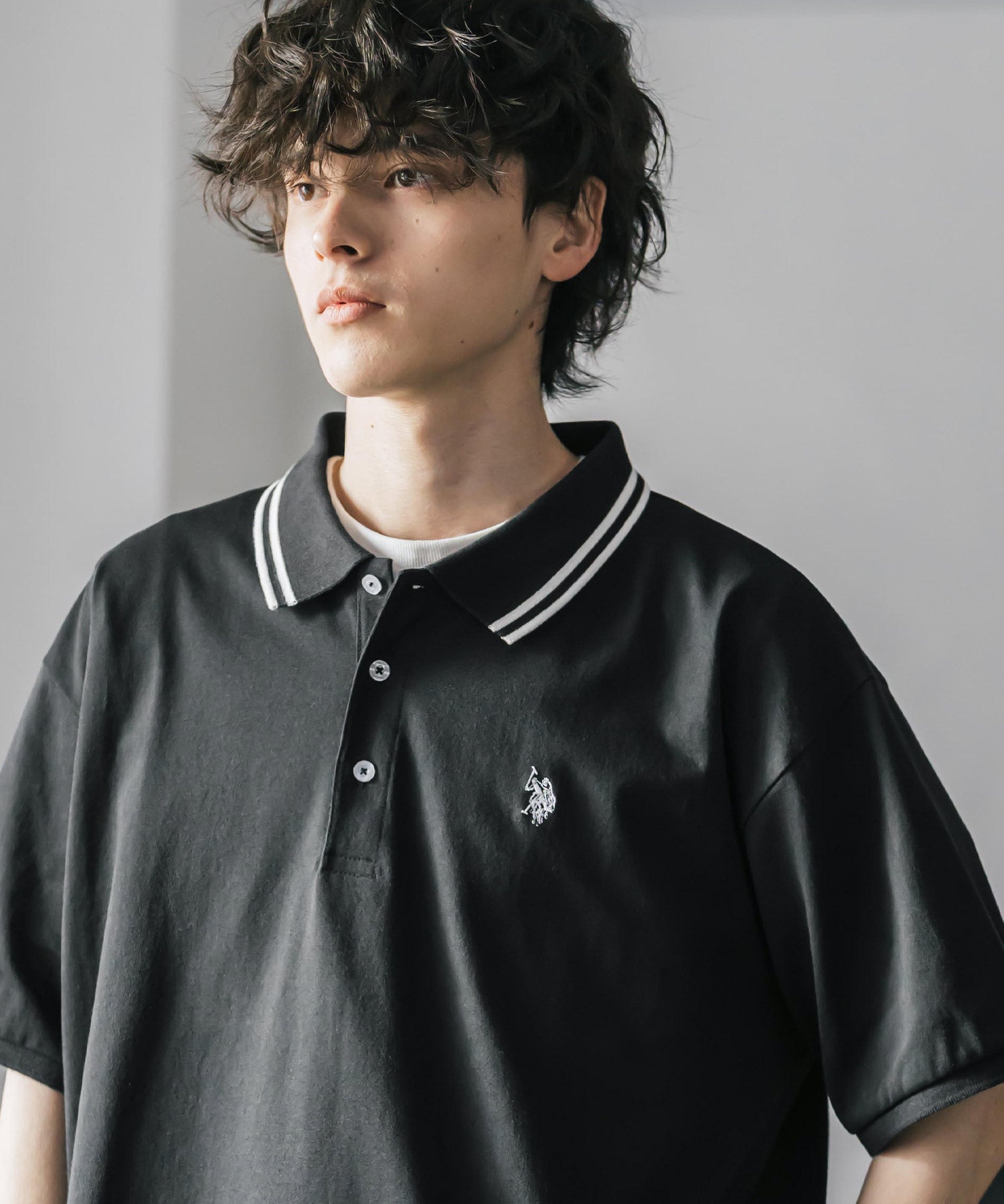 新色追加 U.S. POLO ASSN. 別注コラボ オーバーサイズワンポイントロゴ刺繍天竺半袖ポロシャツ 無地/ラインリブ 15425