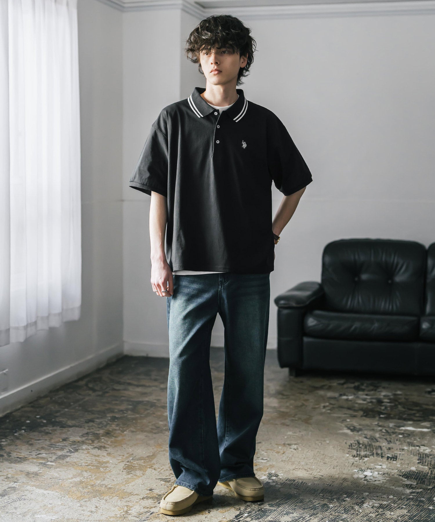 新色追加 U.S. POLO ASSN. 別注コラボ オーバーサイズワンポイントロゴ刺繍天竺半袖ポロシャツ 無地/ラインリブ 15425