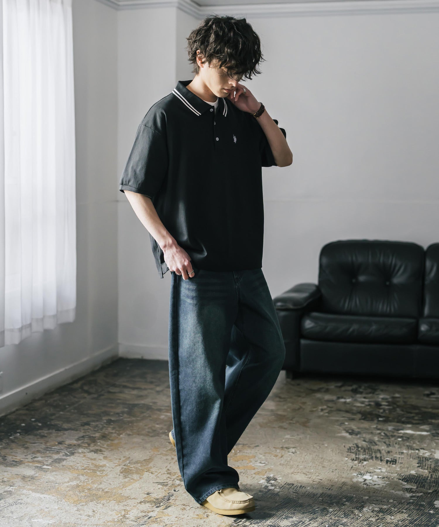 新色追加 U.S. POLO ASSN. 別注コラボ オーバーサイズワンポイントロゴ刺繍天竺半袖ポロシャツ 無地/ラインリブ 15425