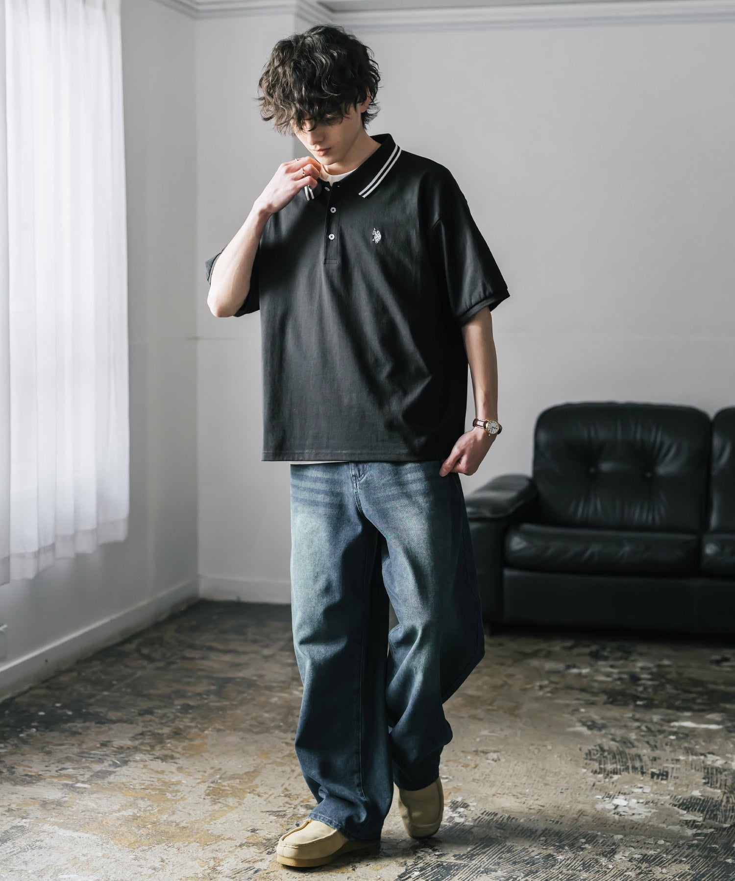 新色追加 U.S. POLO ASSN. 別注コラボ オーバーサイズワンポイントロゴ刺繍天竺半袖ポロシャツ 無地/ラインリブ 15425