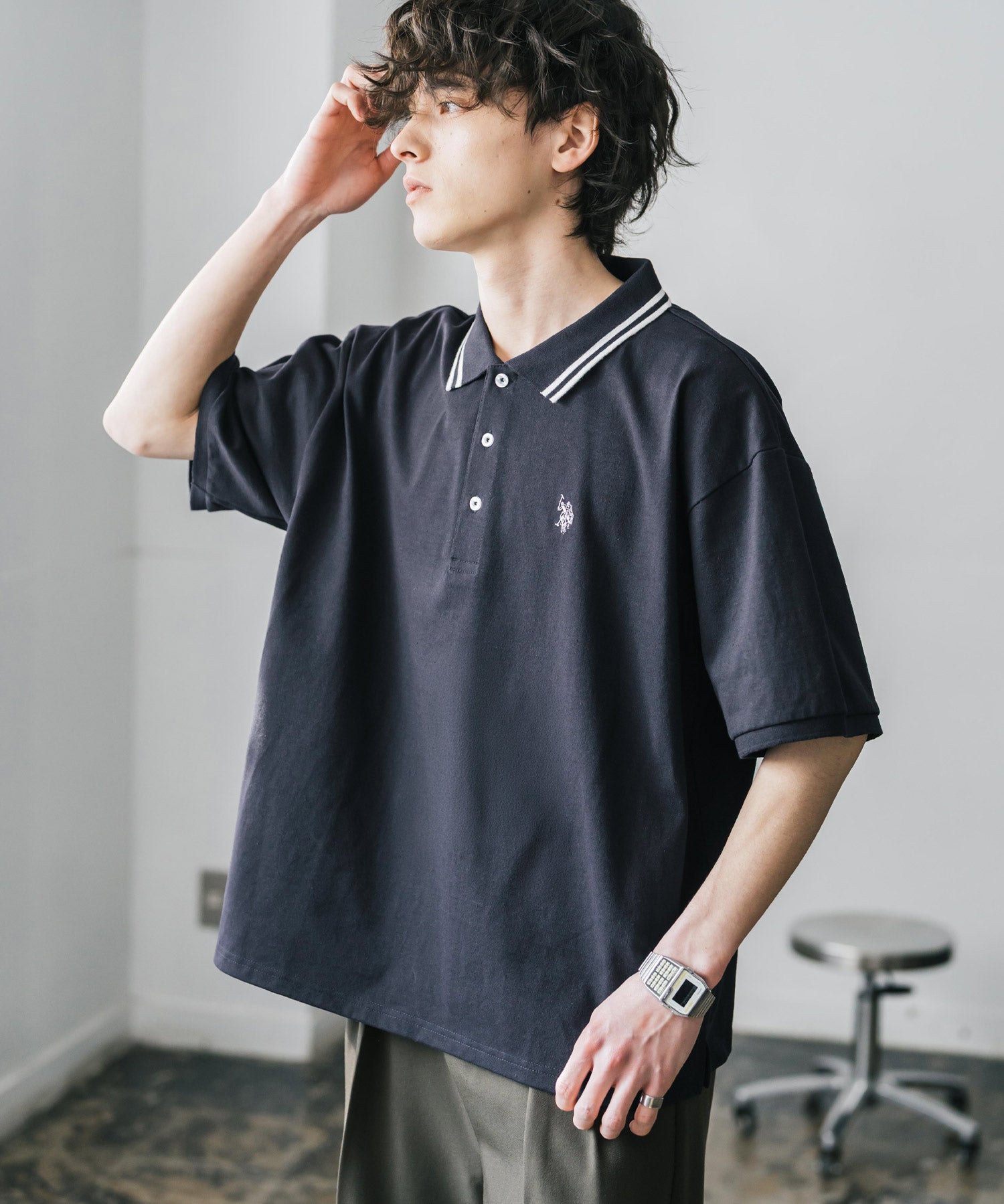 新色追加 U.S. POLO ASSN. 別注コラボ オーバーサイズワンポイントロゴ刺繍天竺半袖ポロシャツ 無地/ラインリブ 15425