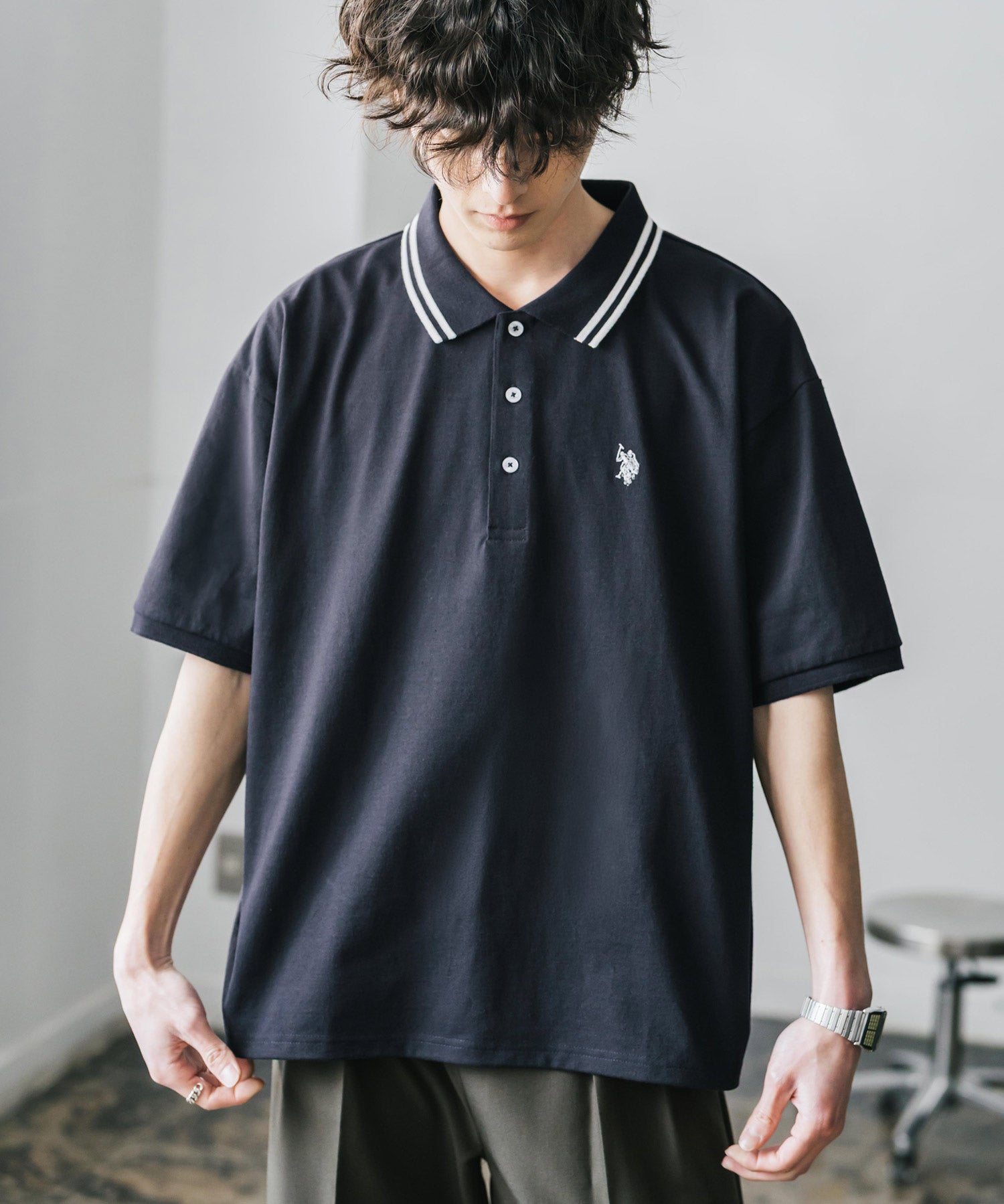 新色追加 U.S. POLO ASSN. 別注コラボ オーバーサイズワンポイントロゴ刺繍天竺半袖ポロシャツ 無地/ラインリブ 15425