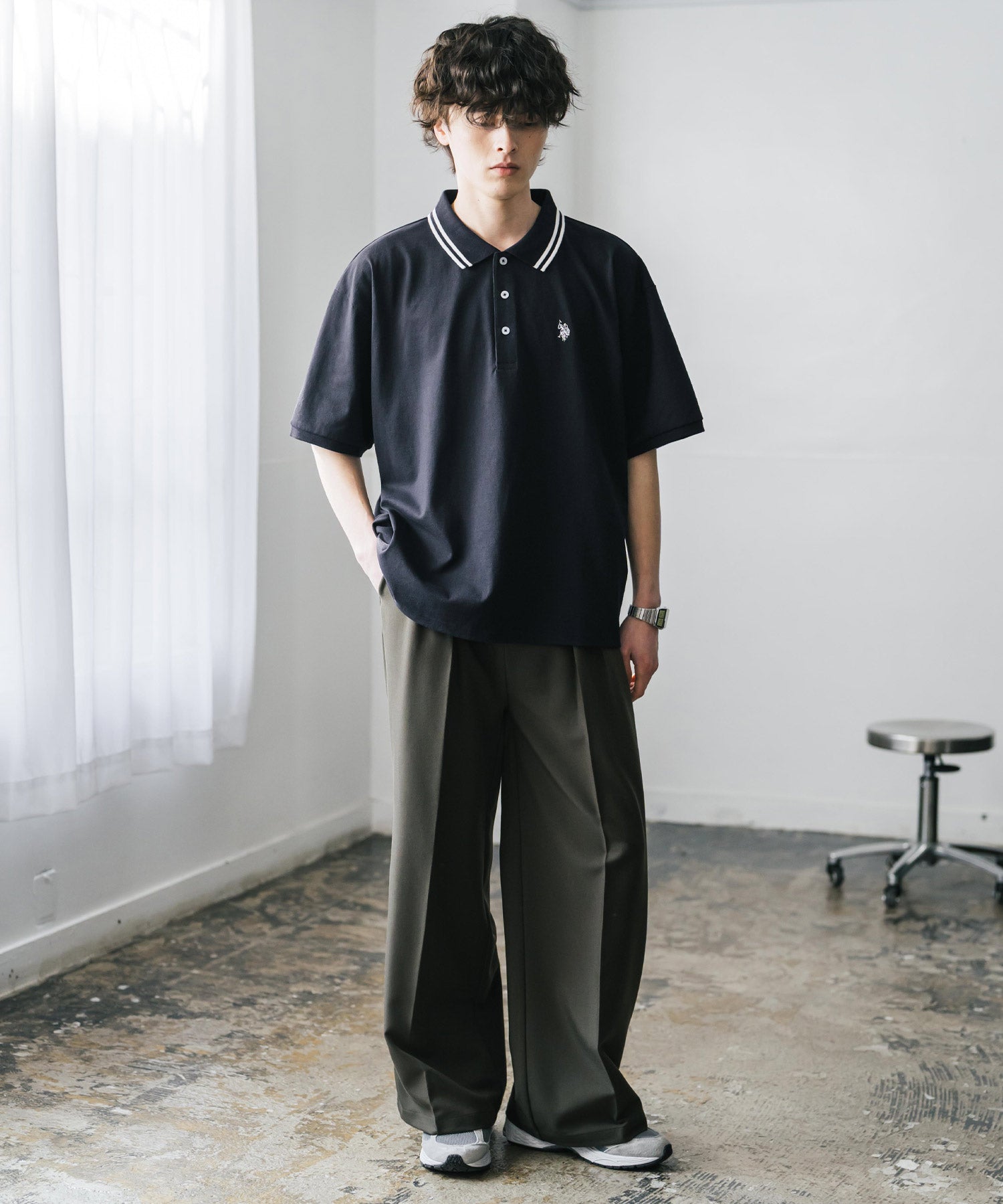 新色追加 U.S. POLO ASSN. 別注コラボ オーバーサイズワンポイントロゴ刺繍天竺半袖ポロシャツ 無地/ラインリブ 15425