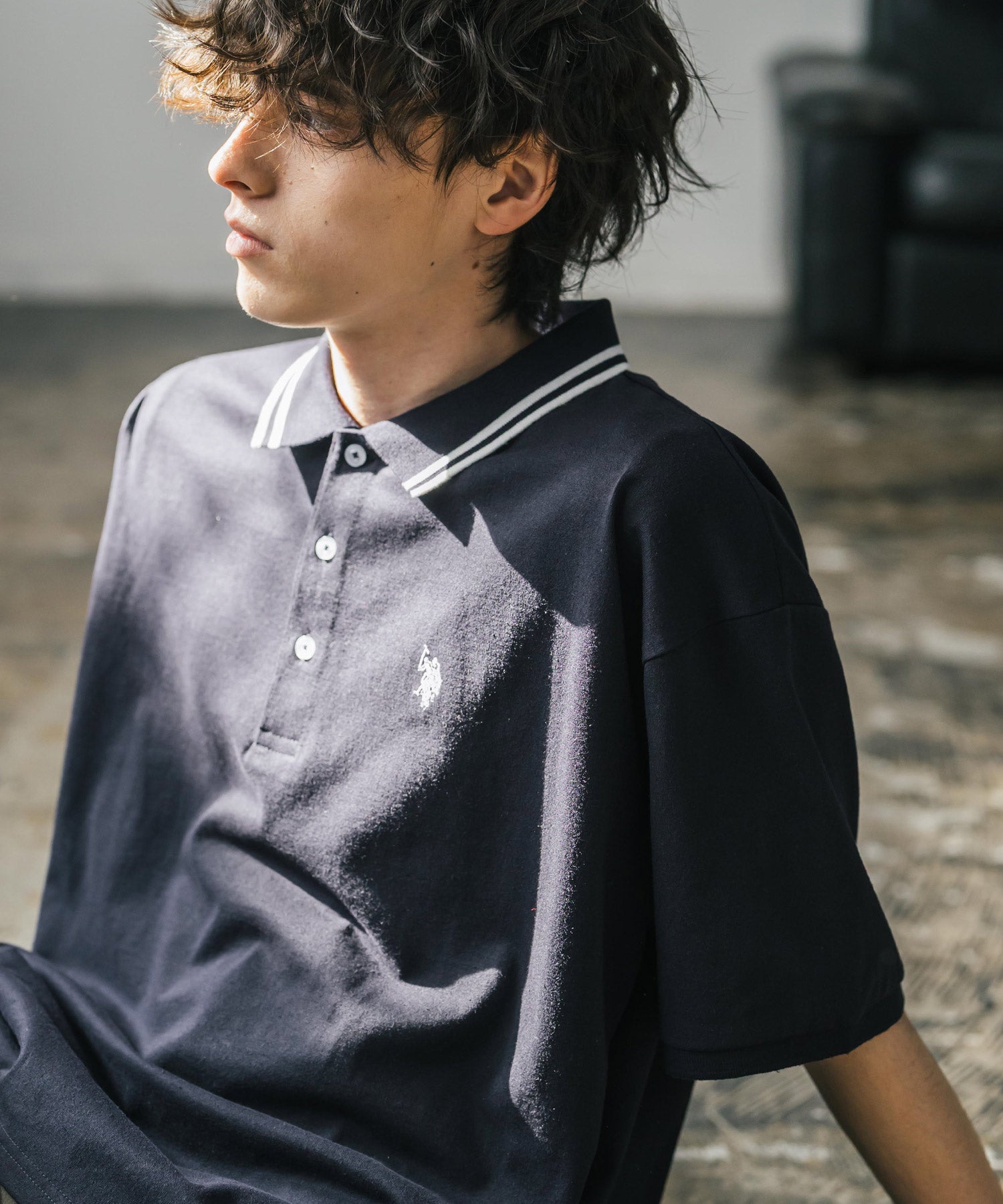 新色追加 U.S. POLO ASSN. 別注コラボ オーバーサイズワンポイントロゴ刺繍天竺半袖ポロシャツ 無地/ラインリブ 15425