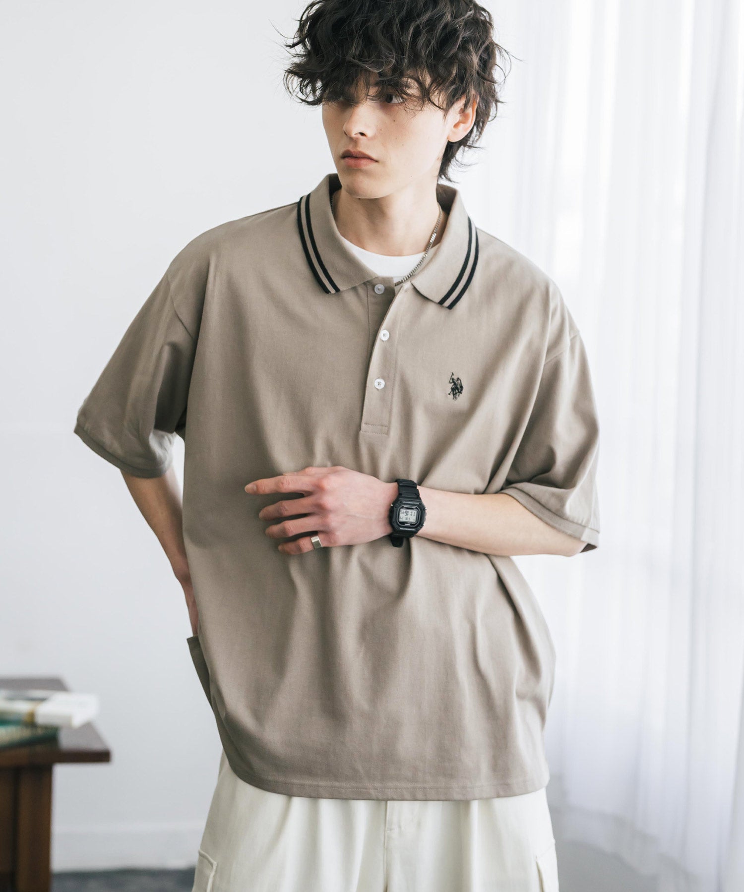 新色追加 U.S. POLO ASSN. 別注コラボ オーバーサイズワンポイントロゴ刺繍天竺半袖ポロシャツ 無地/ラインリブ 15425