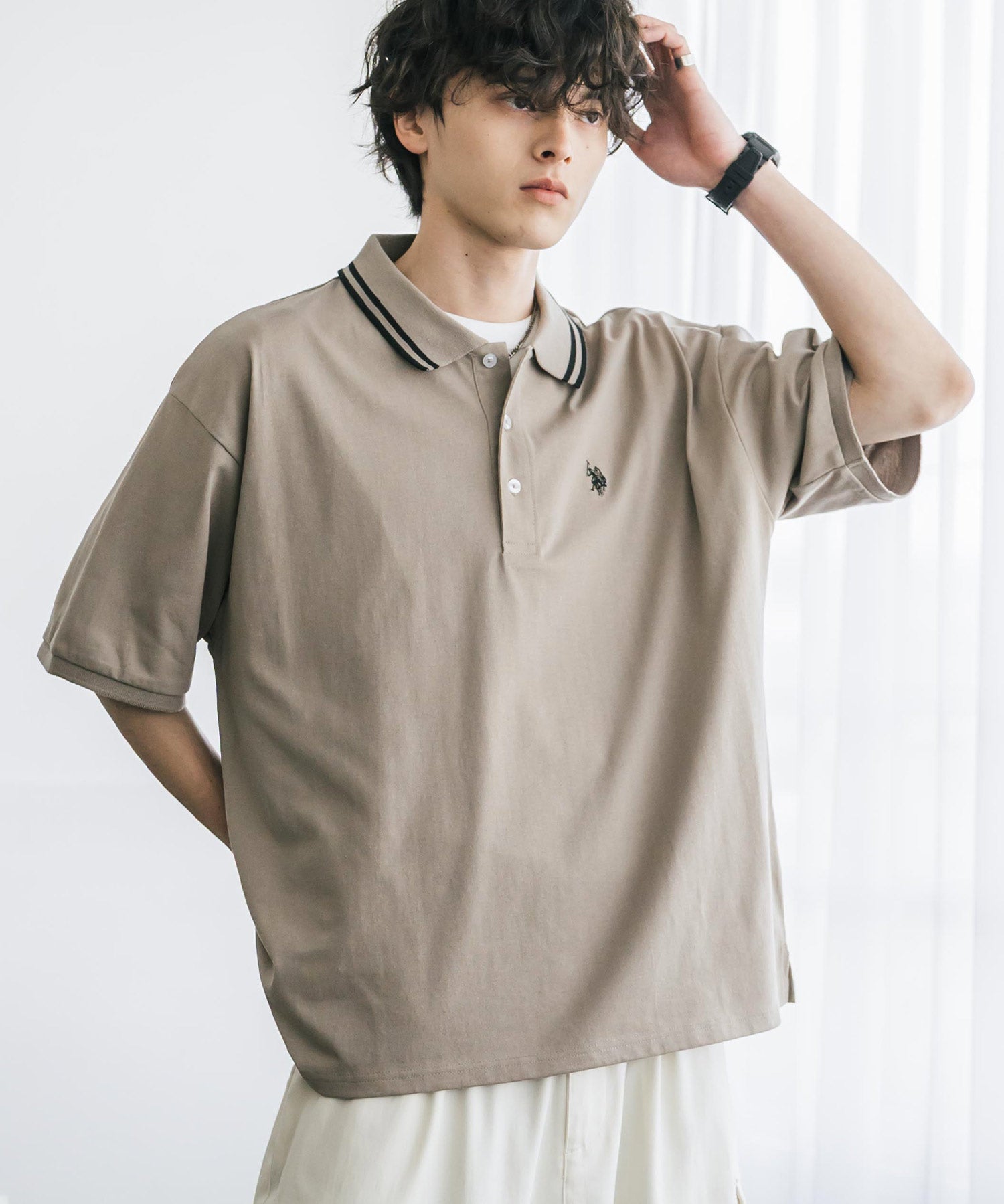 新色追加 U.S. POLO ASSN. 別注コラボ オーバーサイズワンポイントロゴ刺繍天竺半袖ポロシャツ 無地/ラインリブ 15425