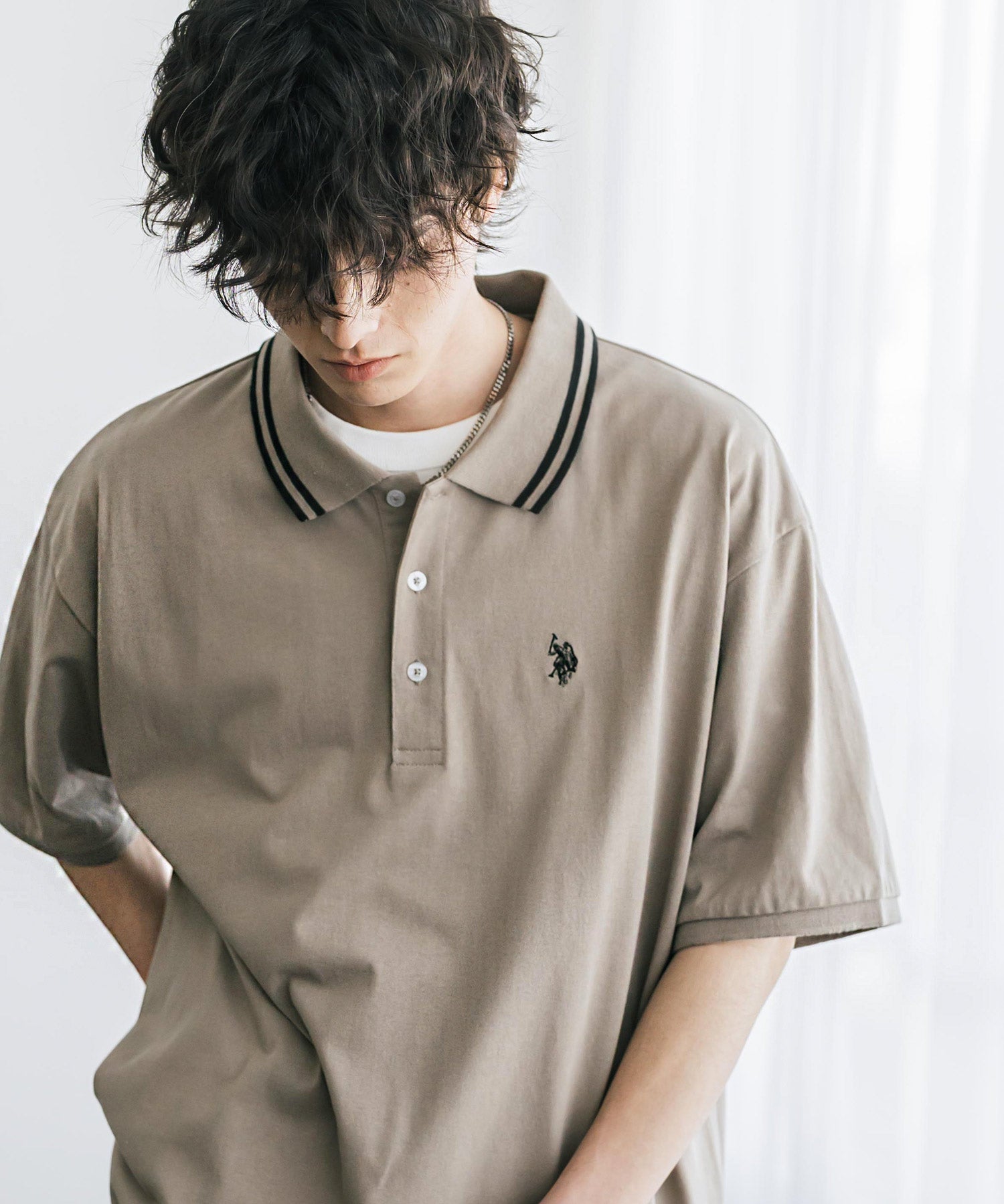 新色追加 U.S. POLO ASSN. 別注コラボ オーバーサイズワンポイントロゴ刺繍天竺半袖ポロシャツ 無地/ラインリブ 15425