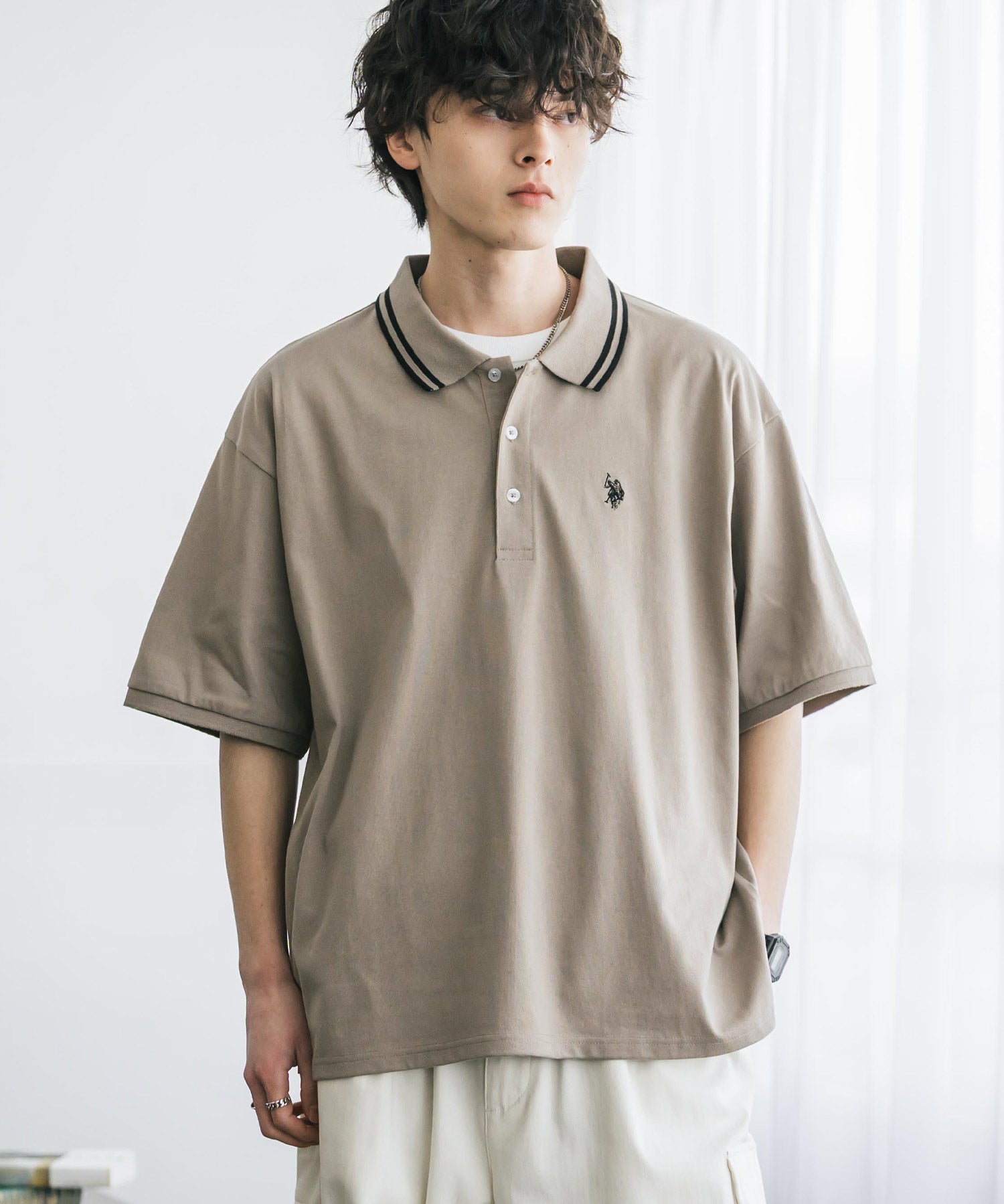 新色追加 U.S. POLO ASSN. 別注コラボ オーバーサイズワンポイントロゴ刺繍天竺半袖ポロシャツ 無地/ラインリブ 15425