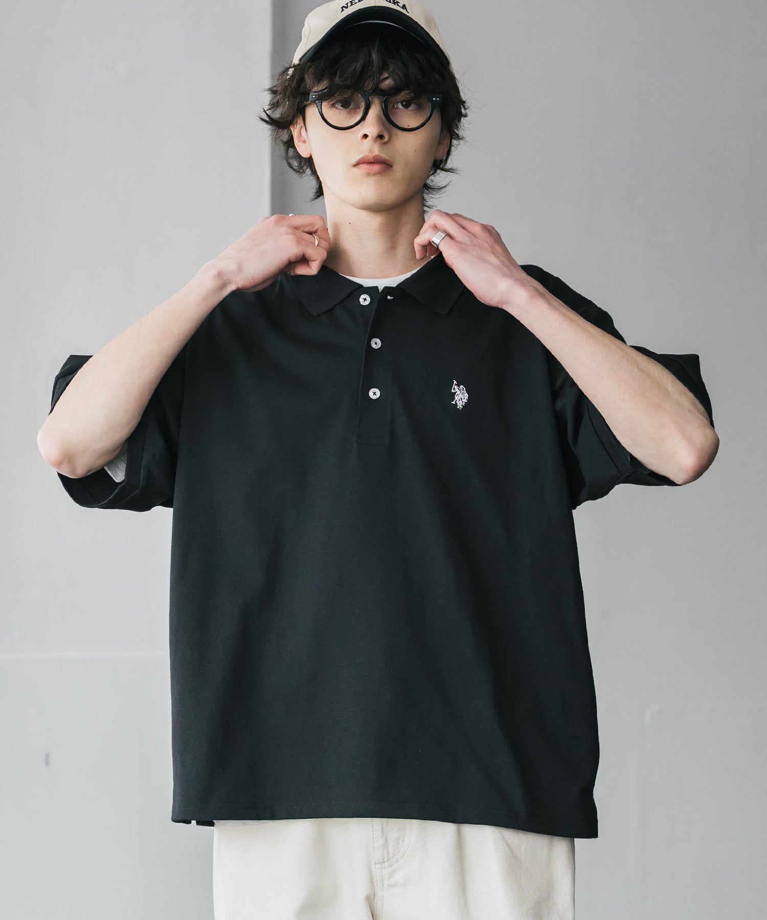 新色追加 U.S. POLO ASSN. 別注コラボ オーバーサイズワンポイントロゴ刺繍天竺半袖ポロシャツ 無地/ラインリブ 15425