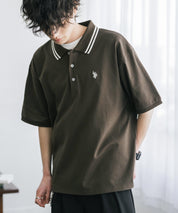 新色追加 U.S. POLO ASSN. 別注コラボ オーバーサイズワンポイントロゴ刺繍天竺半袖ポロシャツ 無地/ラインリブ 15425