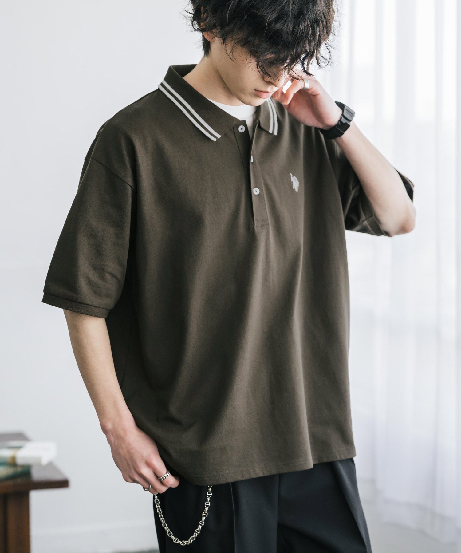 新色追加 U.S. POLO ASSN. 別注コラボ オーバーサイズワンポイントロゴ刺繍天竺半袖ポロシャツ 無地/ラインリブ 15425