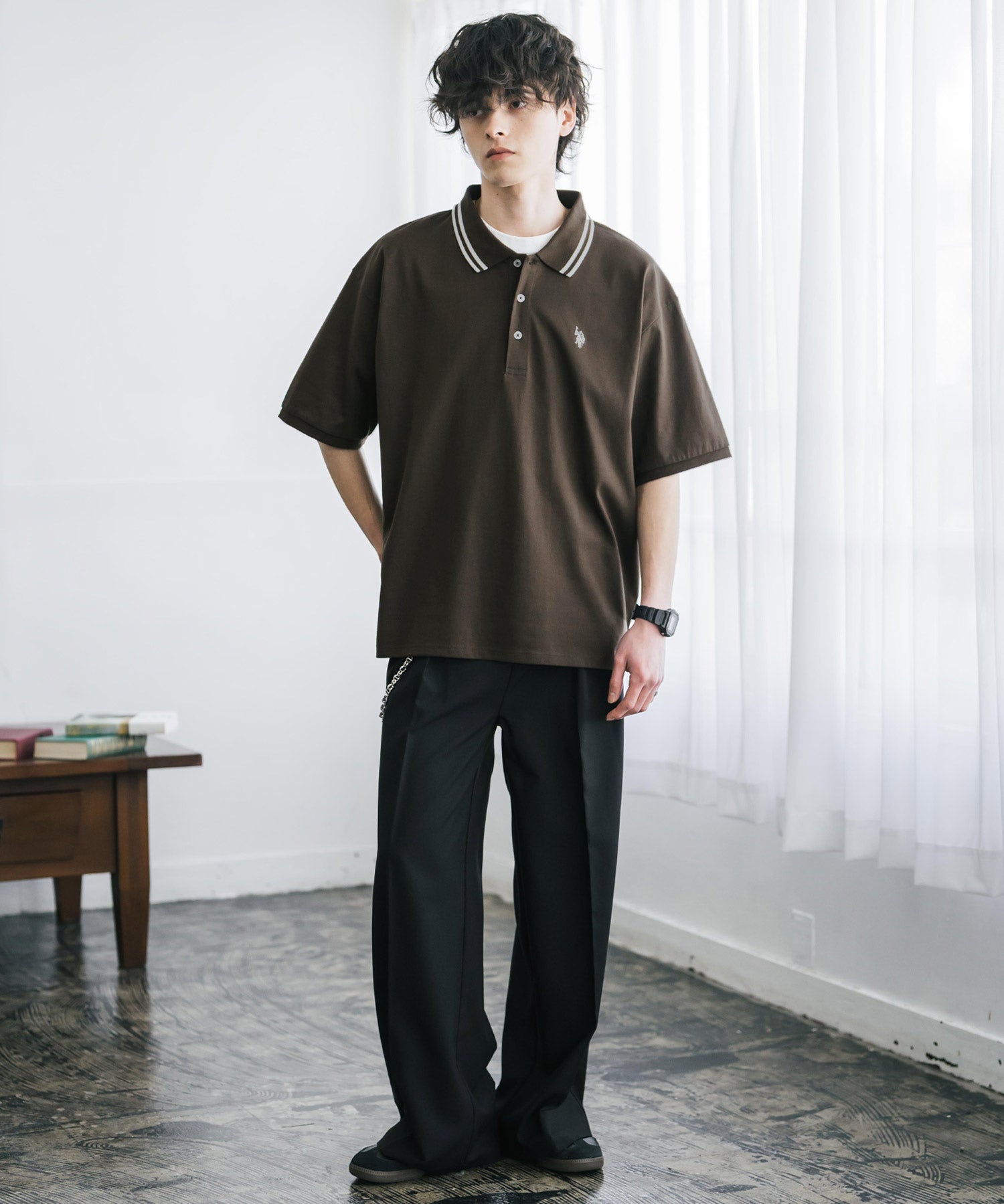 新色追加 U.S. POLO ASSN. 別注コラボ オーバーサイズワンポイントロゴ刺繍天竺半袖ポロシャツ 無地/ラインリブ 15425