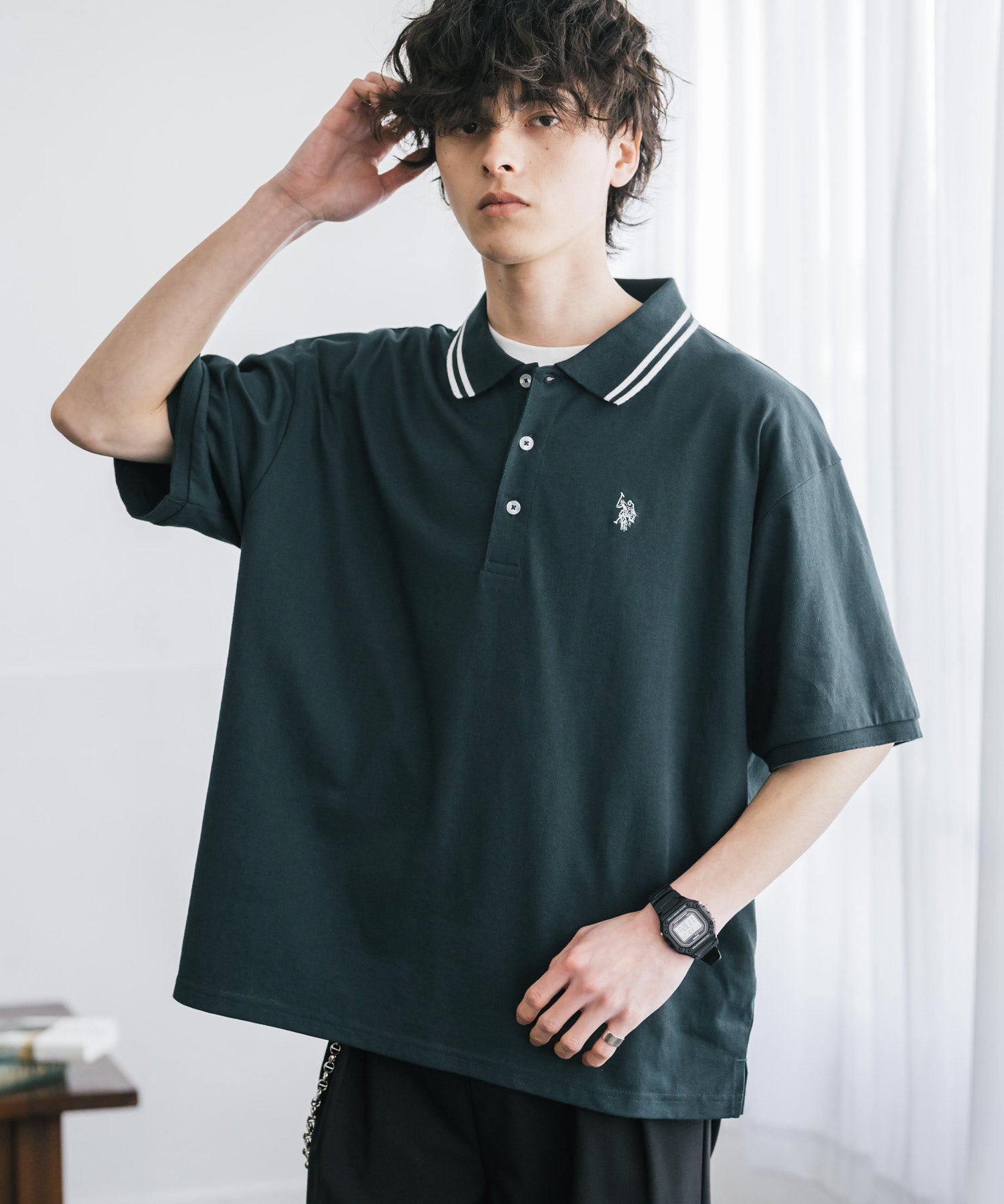 新色追加 U.S. POLO ASSN. 別注コラボ オーバーサイズワンポイントロゴ刺繍天竺半袖ポロシャツ 無地/ラインリブ 15425