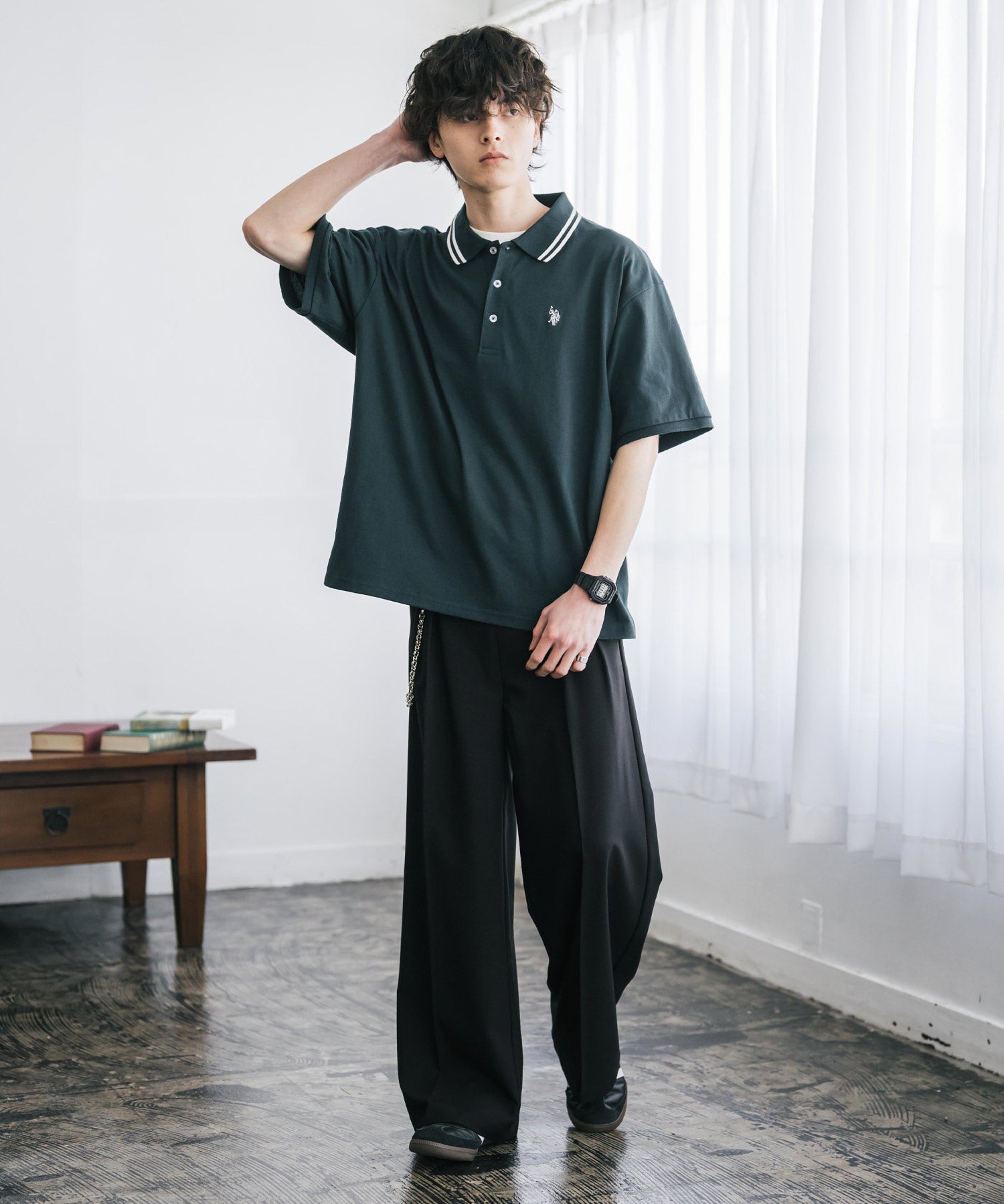 新色追加 U.S. POLO ASSN. 別注コラボ オーバーサイズワンポイントロゴ刺繍天竺半袖ポロシャツ 無地/ラインリブ 15425